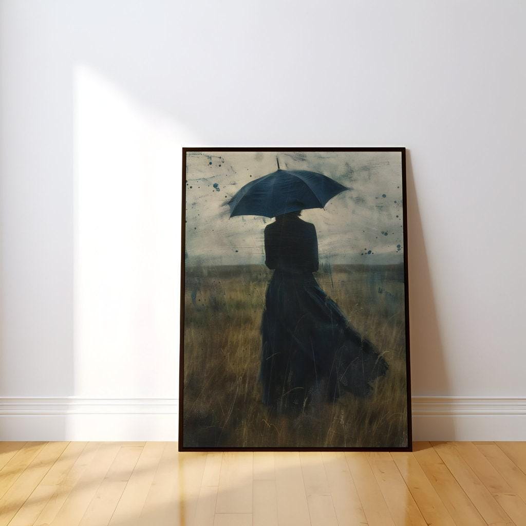 Melancholy Rain: Atmospheric Woman with Umbrella Canvas Art | Contemplative & Moody Wall Decor