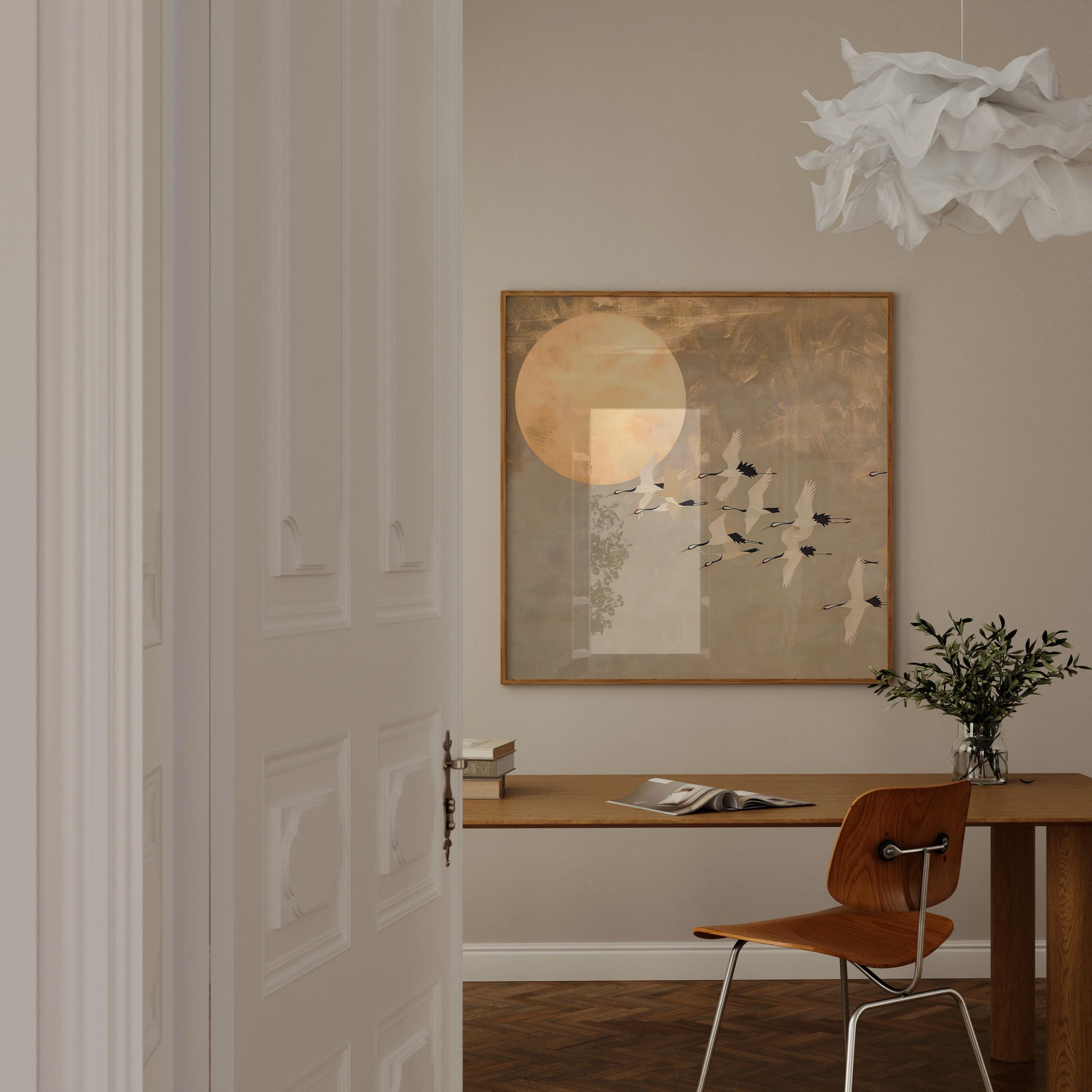 Moonlit Cranes Canvas Art: Serene Japanese-Inspired Wall Decor | Elegant & Tranquil Floral Print