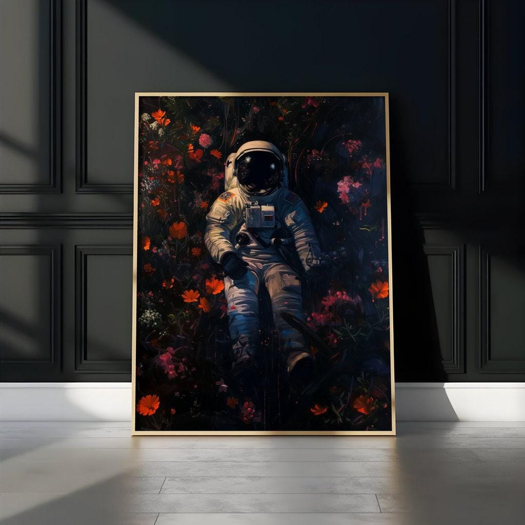Floral Cosmos: Surreal Astronaut & Flowers Art | Whimsical Space and Nature Decor