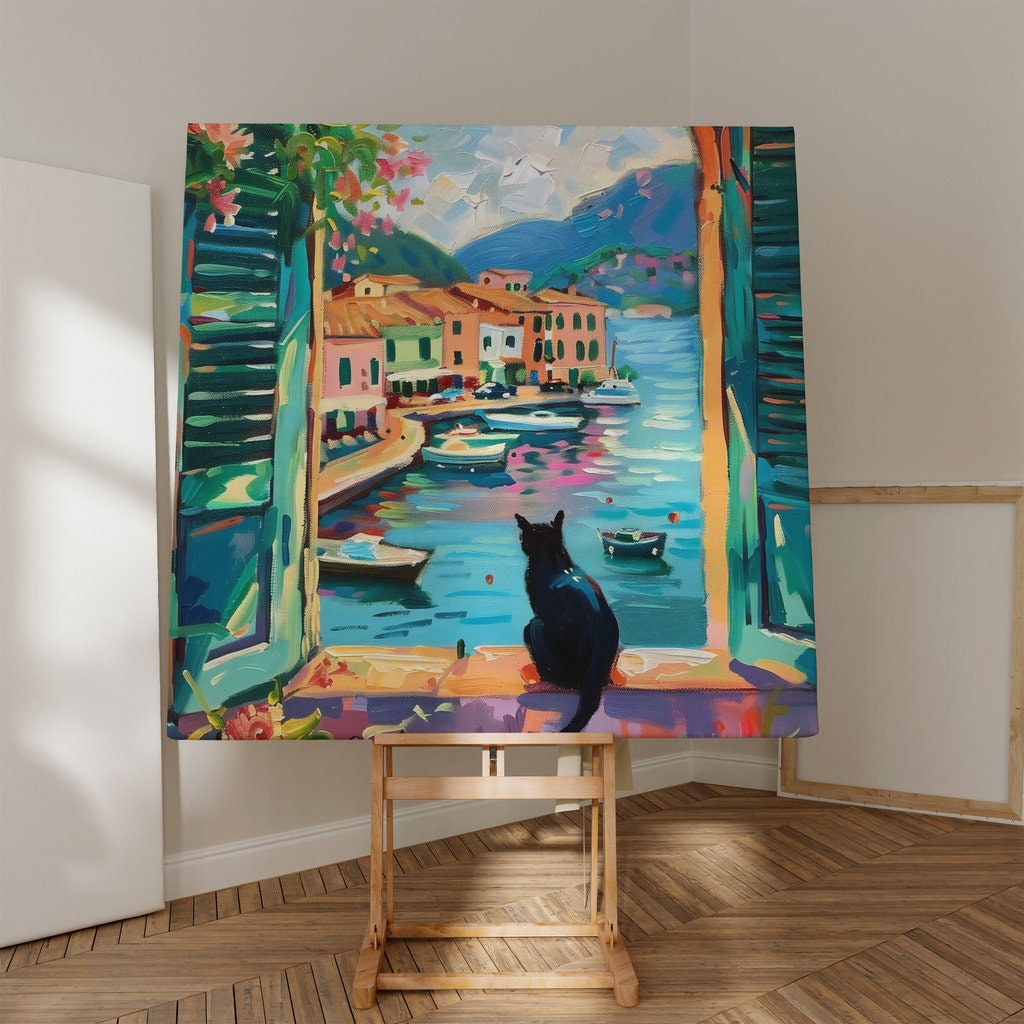 Coastal Town Wall Art: Black Cat, Vibrant Colors, Framed Canvas