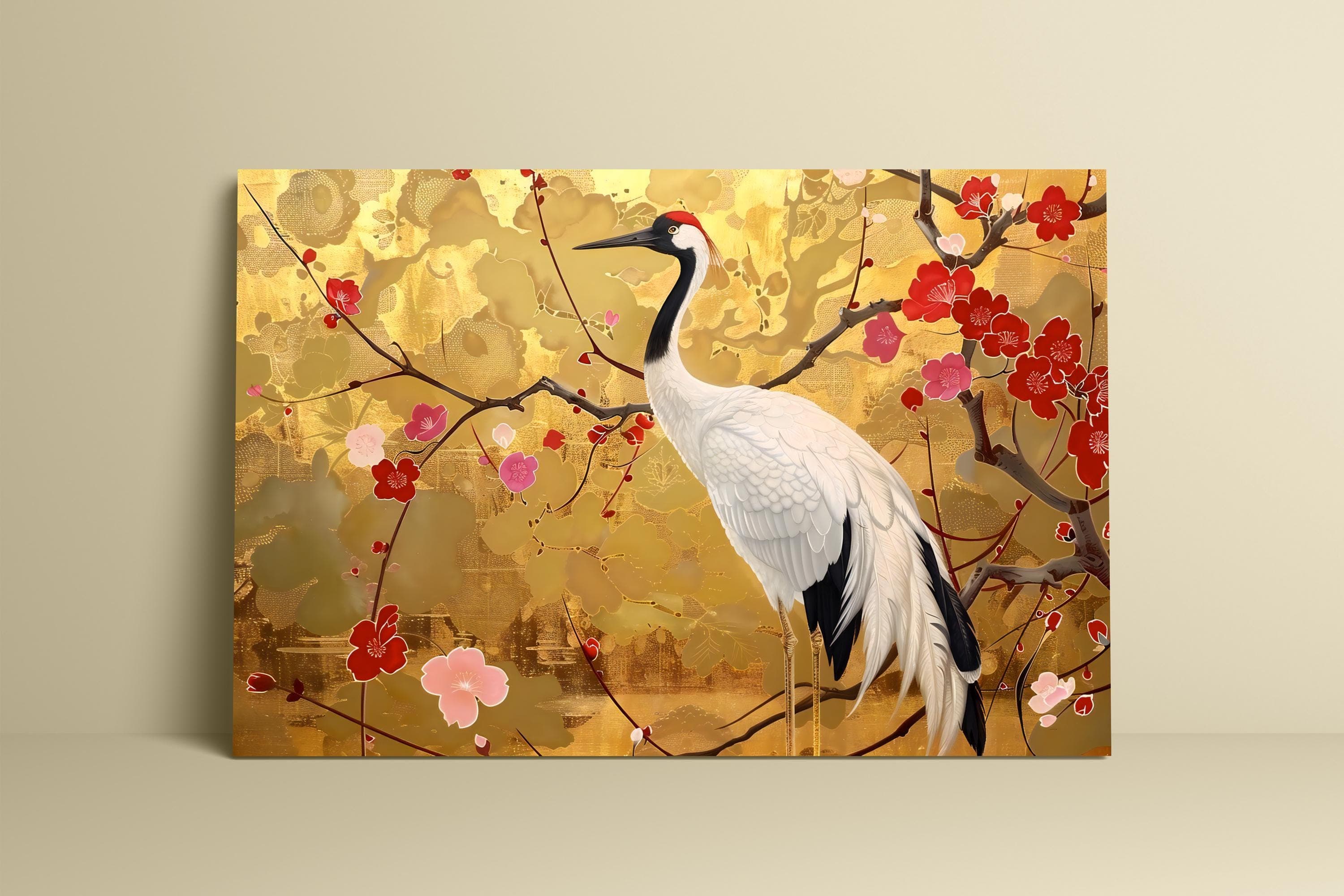 Graceful Crane Wall Art: Vibrant Floral Canvas with QR Code