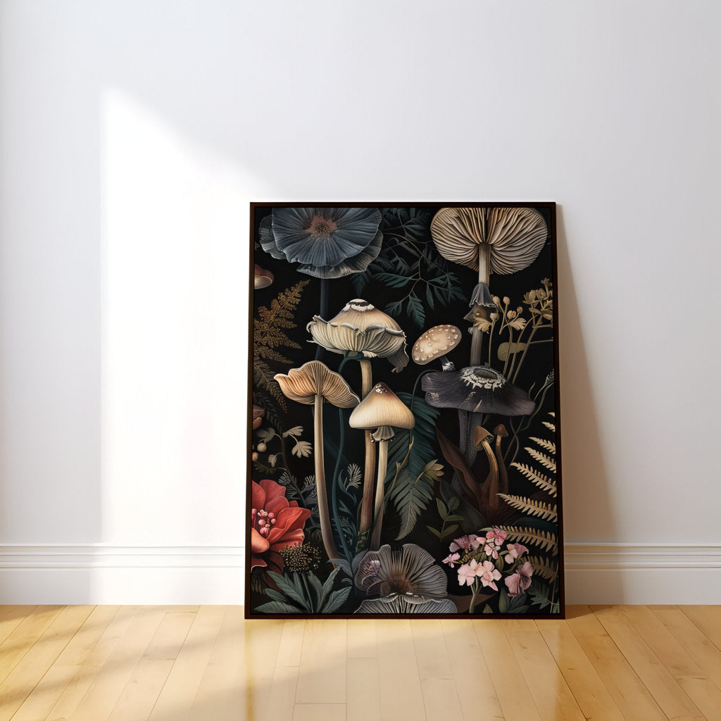 Enchanted Fungi: Dark Botanical Mushroom Art Print | Moody & Magical Forest Floor Decor