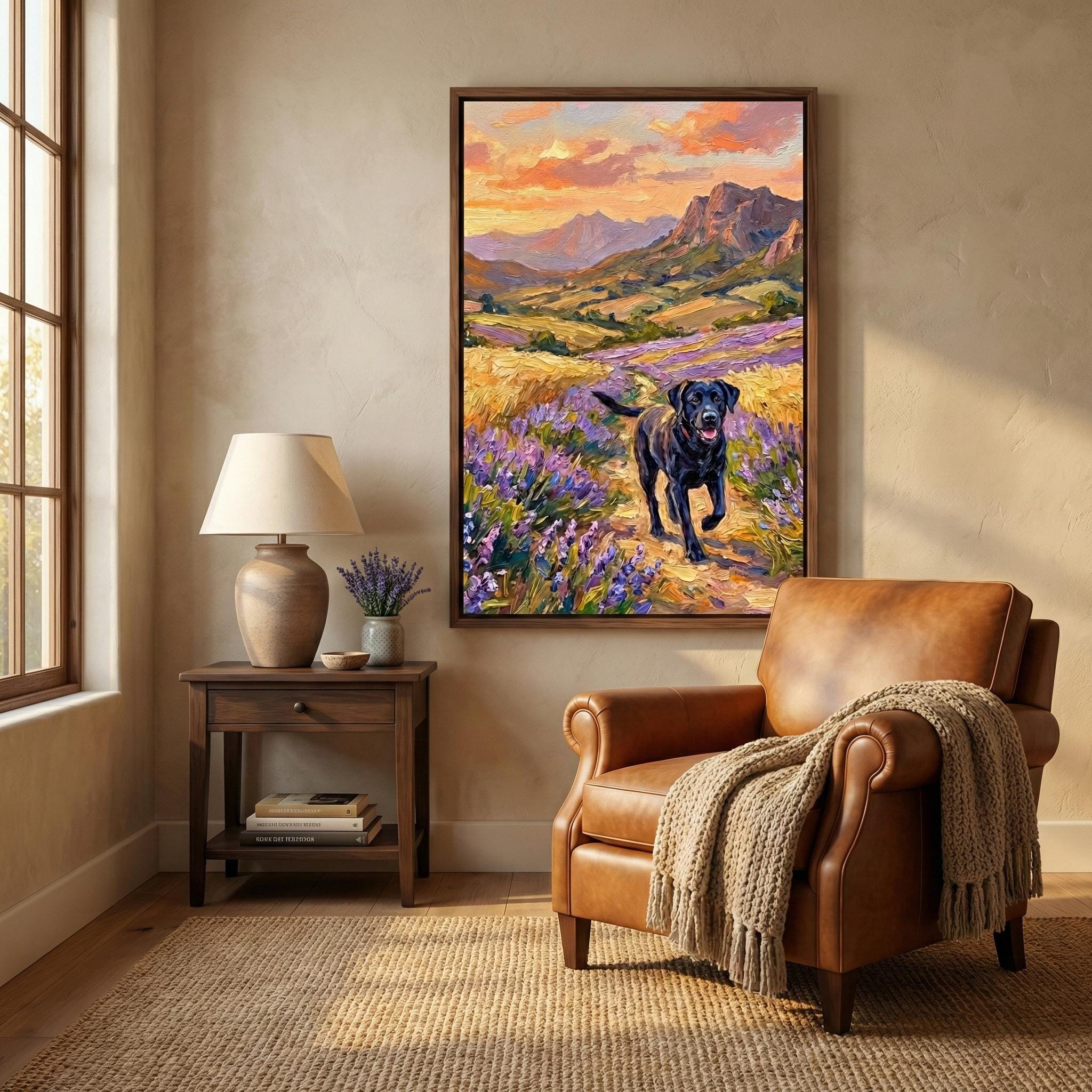 Black Labrador Canvas Art, Lavender & Wheat Field Landscape (Ready to Hang)