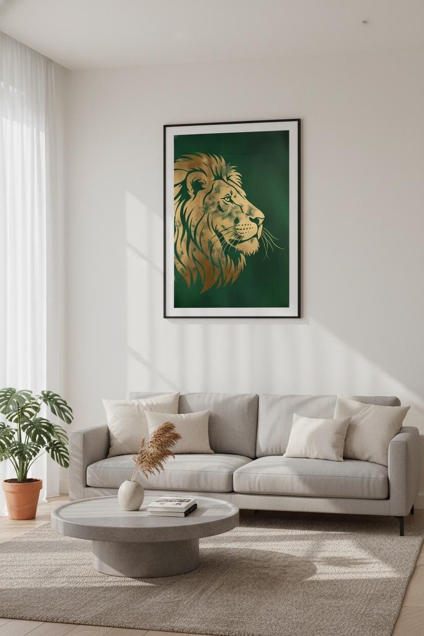 Art Deco Wall Art - Gold Foil Lion Profile Print with Regal Green Metallic Texture