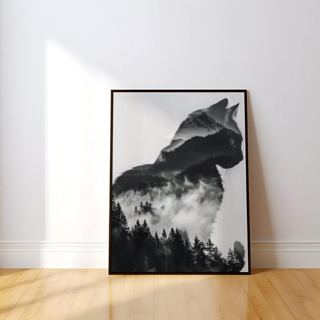 Mountain Soul: Surreal Cat & Forest Double Exposure Art | Mystical Black & White Decor