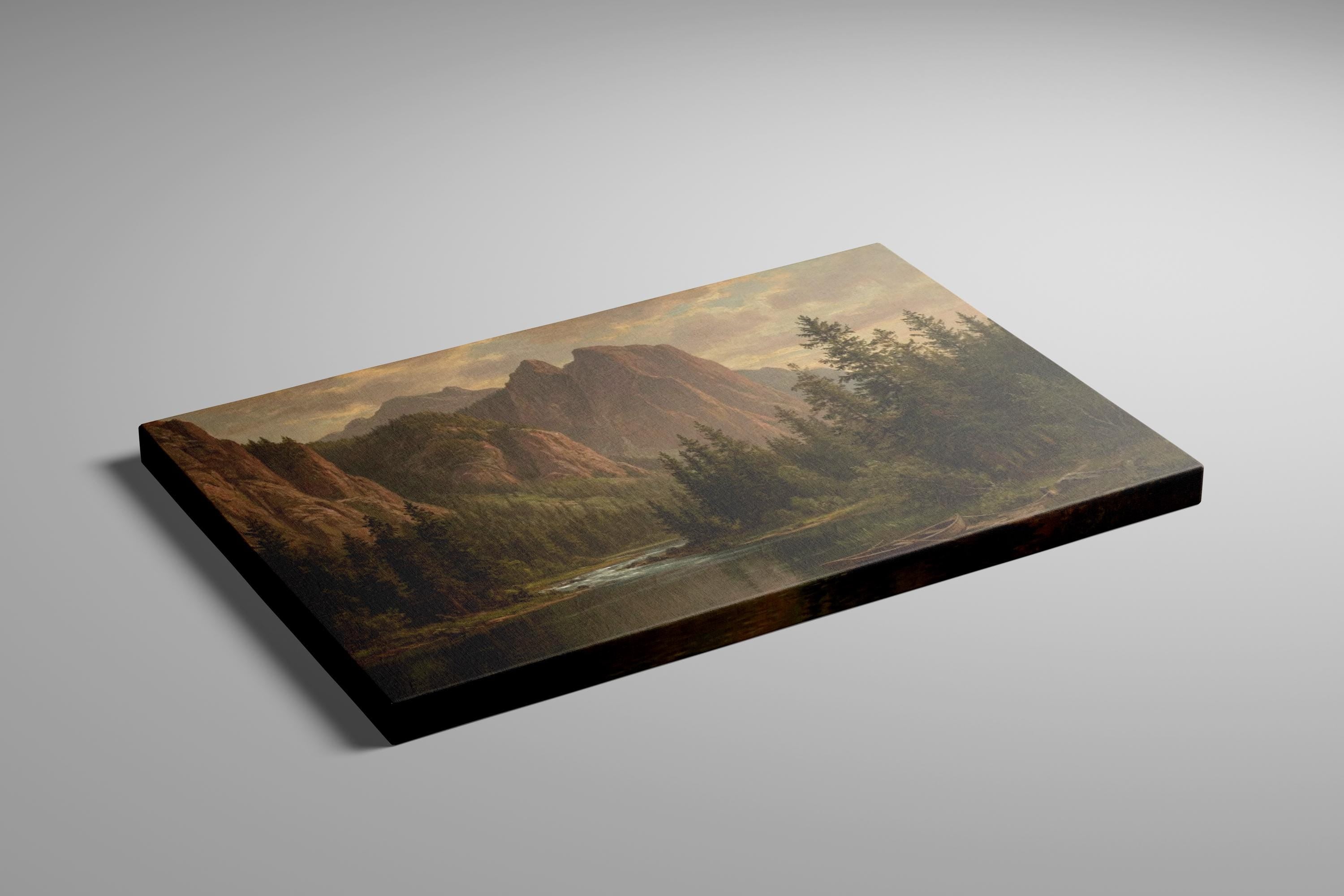 Vintage Mountain Lake Art: Rustic Cabin Landscape in Warm Earth Tones