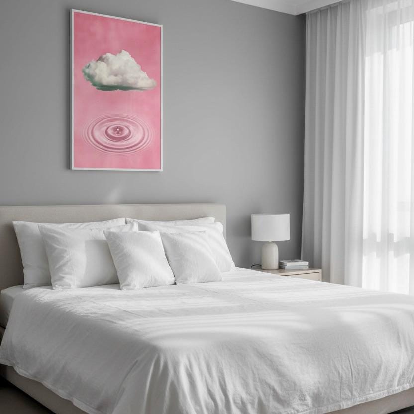 a serene and cozy bedroom scene, featuring a large bed with crisp white linens and a framed artwork of a cloud on the wall above it.