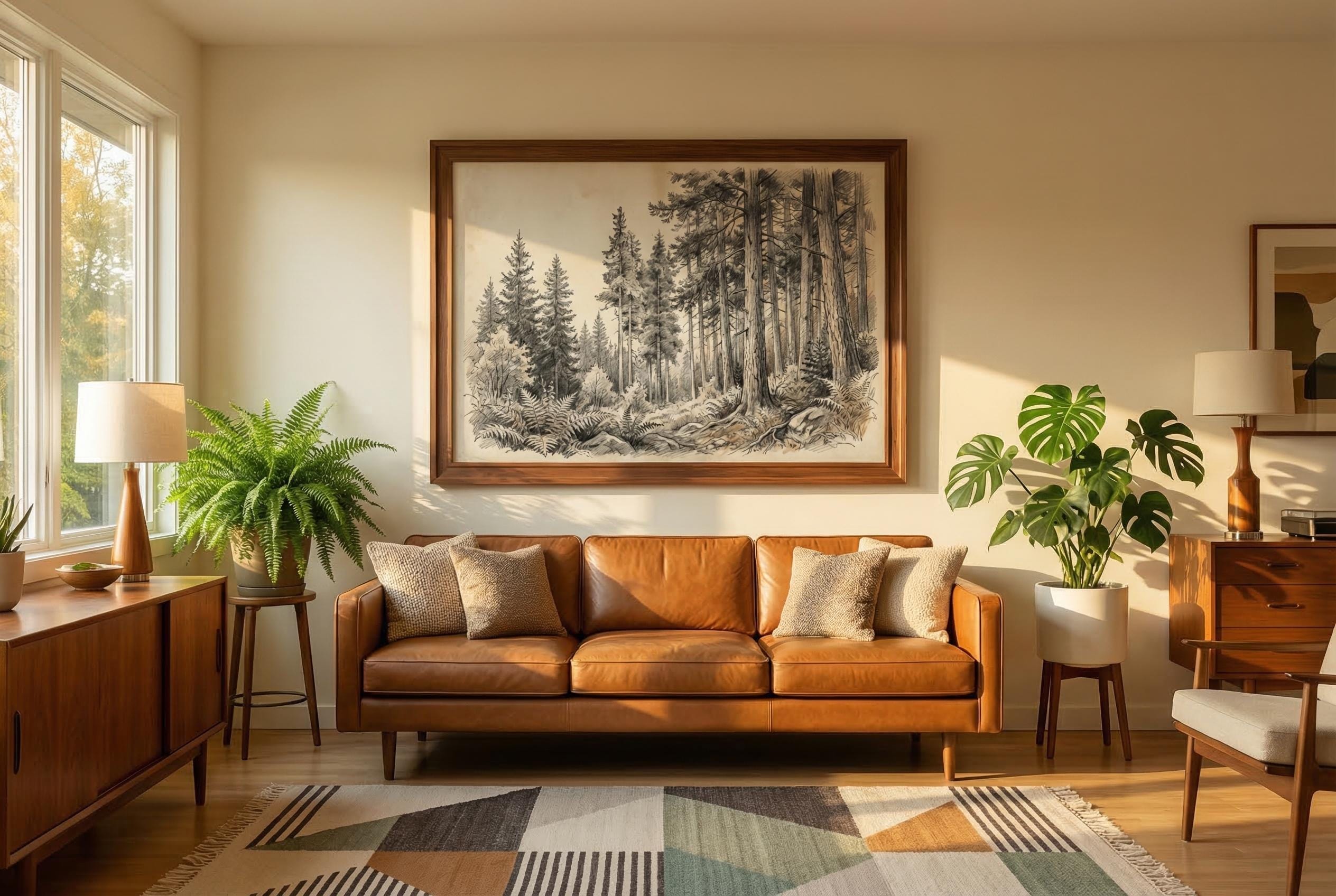 Vintage Pine Forest Sketch Art, Woodland Tree Drawing Print, Rustic Cabin Decor, Nature Wall Art