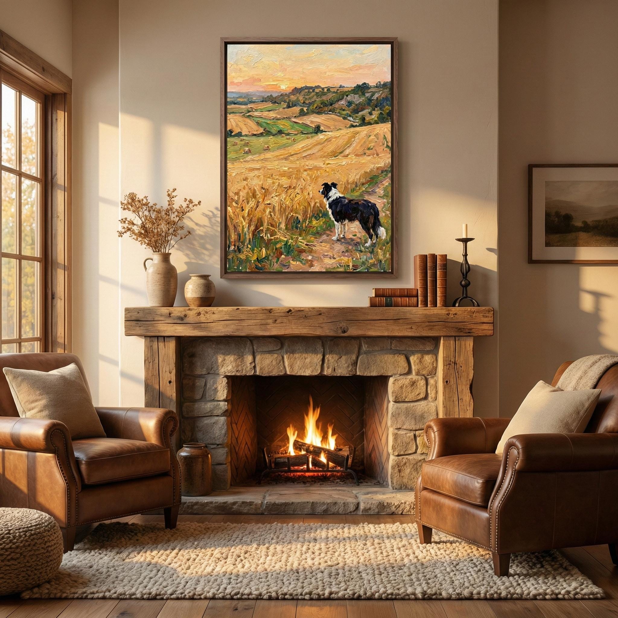 Rustic Border Collie Wall Art - Golden Wheat Field Scene