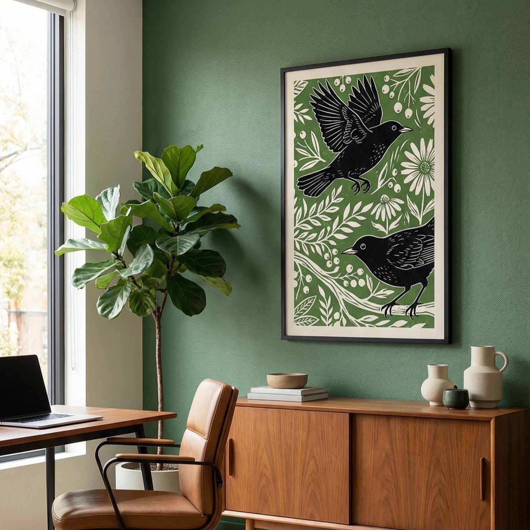 Black Birds Wall Art Print: Green Minimalist Home Decor