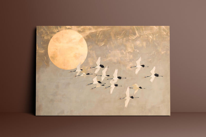 Moonlit Cranes Canvas Art – Elegant Japanese Wall Decor | Serene Floral Print