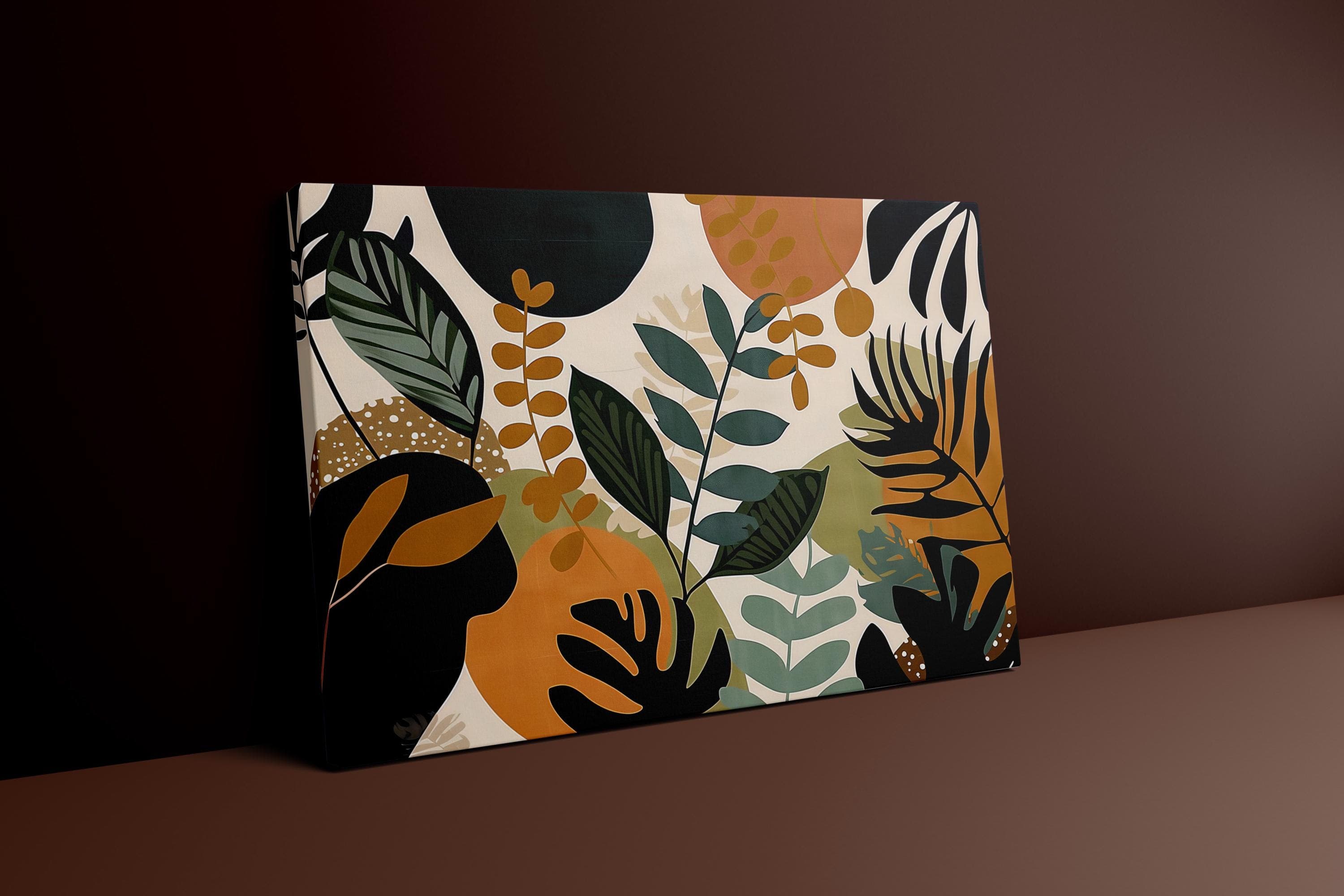 Boho Tropical Leaves Canvas, Mid-Century Modern Style (Ready to Hang)
