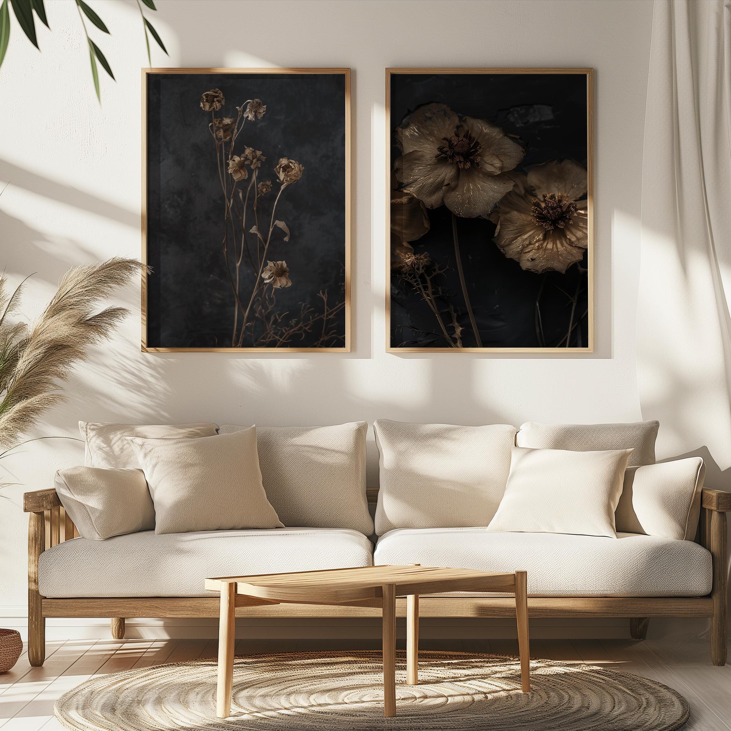 Dark Botanical Prints Set - Moody Wildflowers, Vintage Rustic Style