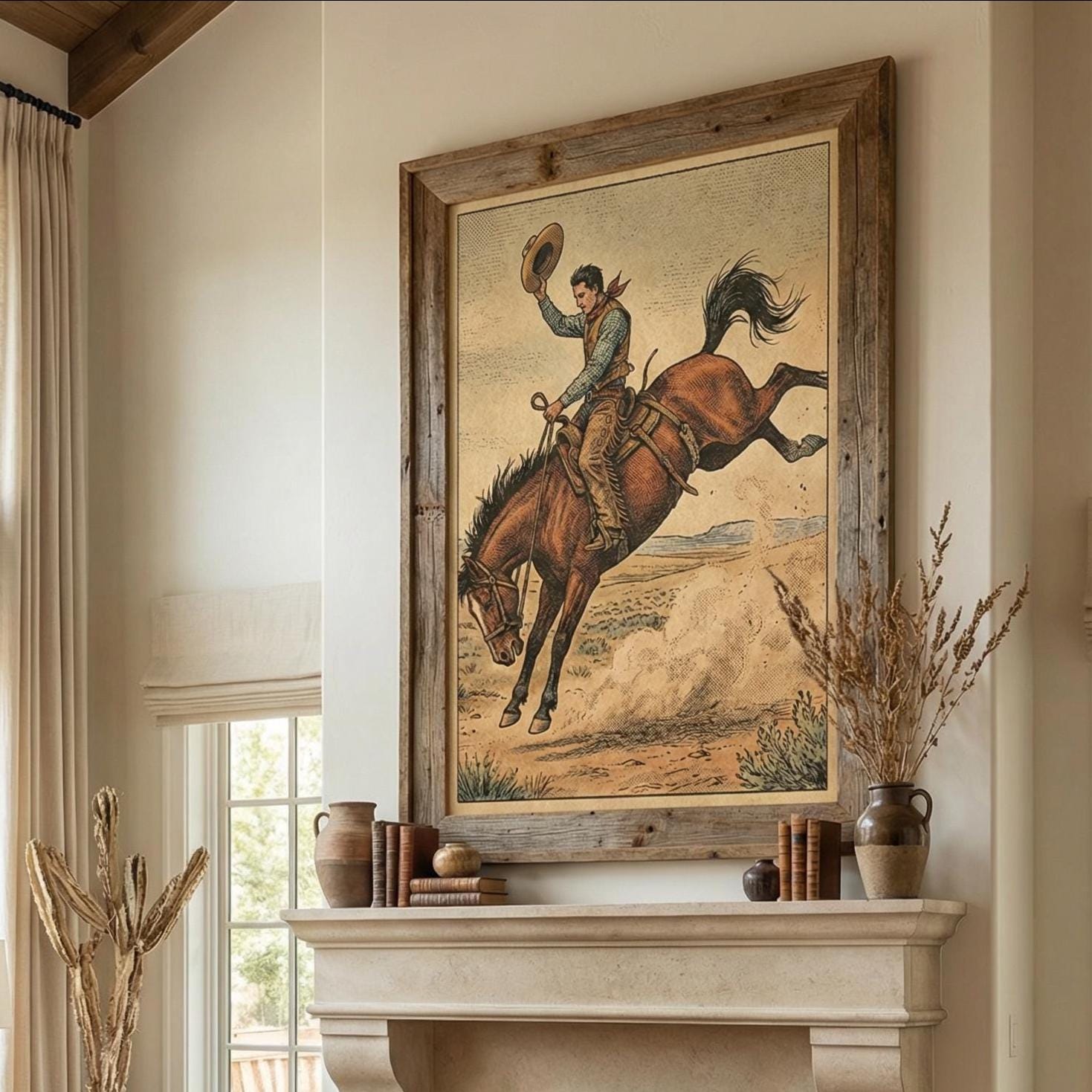 Cowboy on Horse Art Print, Rustic Western Decor (Canvas or Paper)