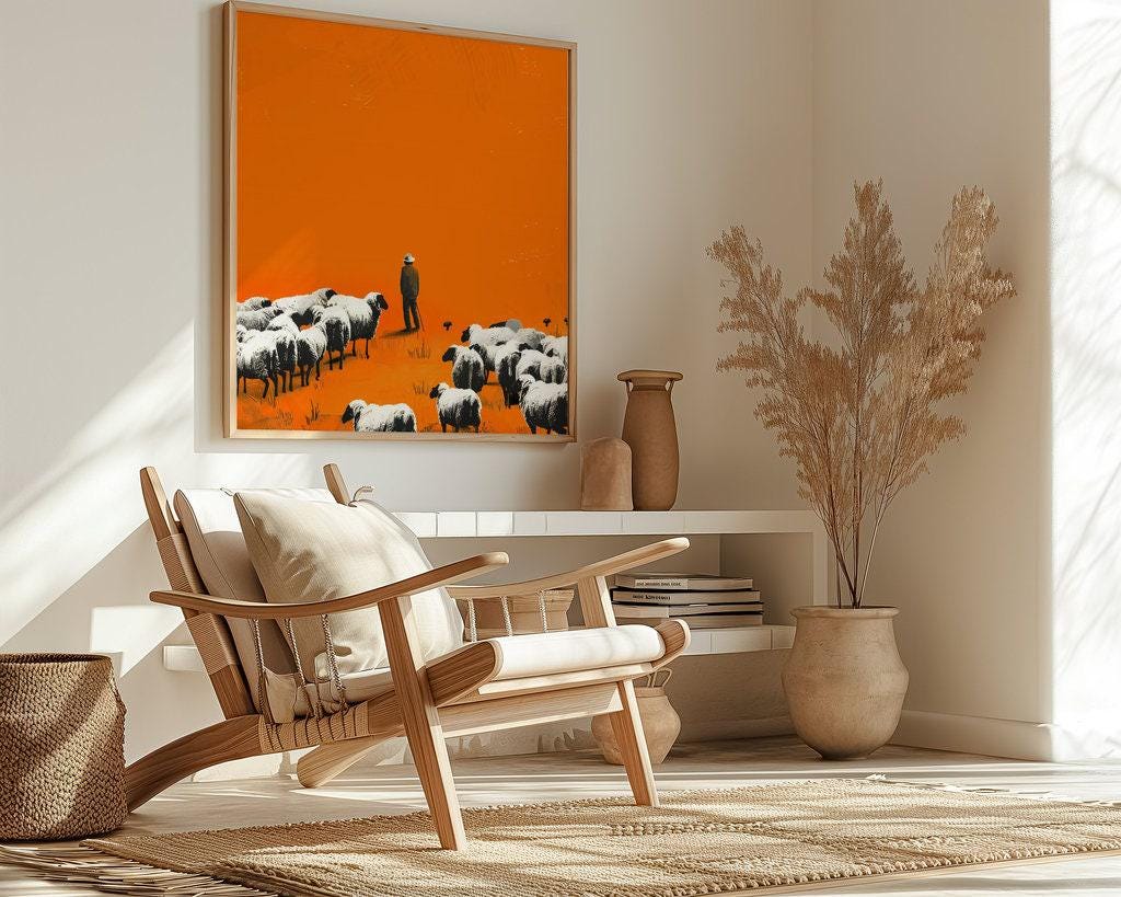 The Shepherd: Minimalist Street Art Style Print | Orange & Black Landscape Decor