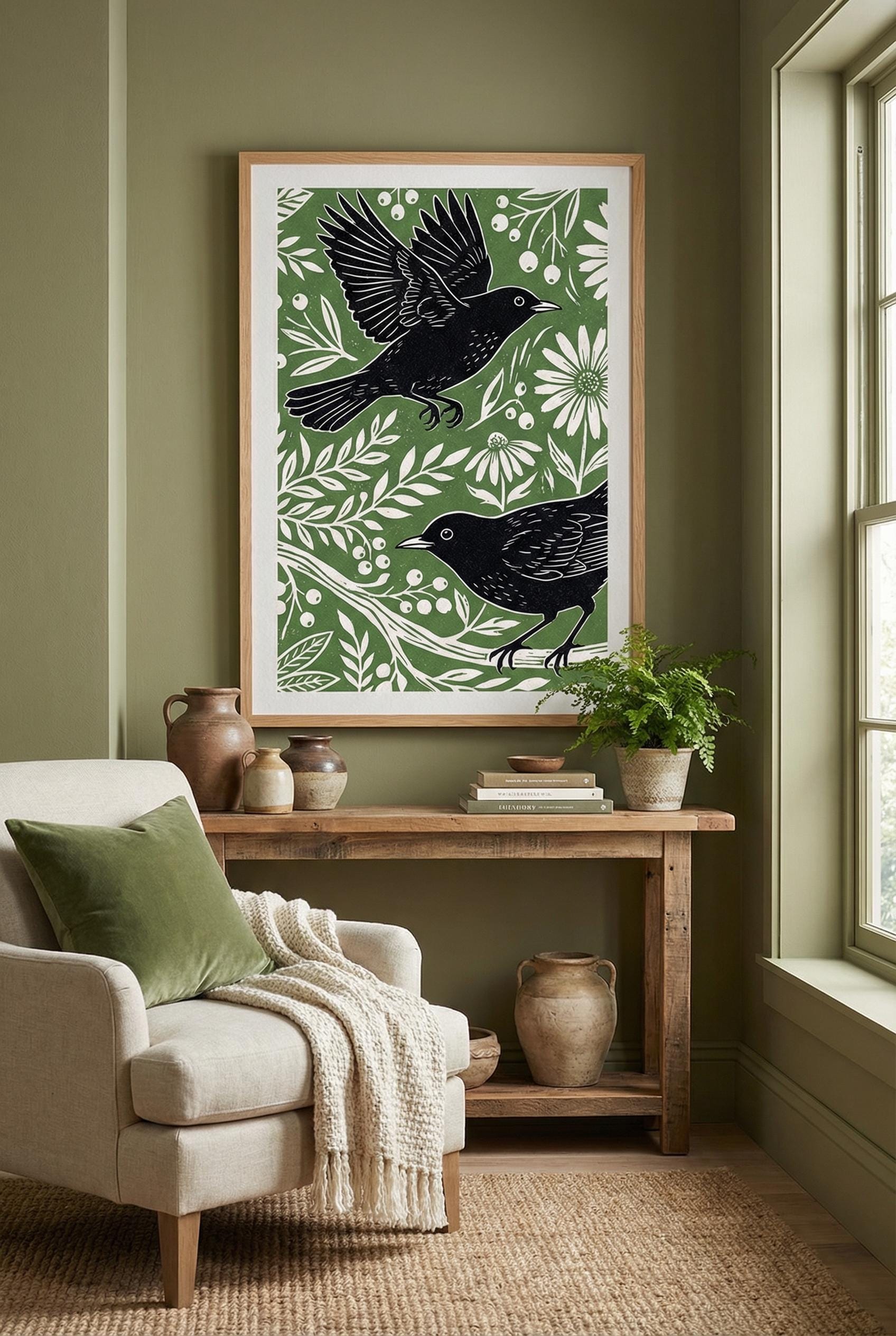 Black Birds Wall Art Print: Green Minimalist Home Decor