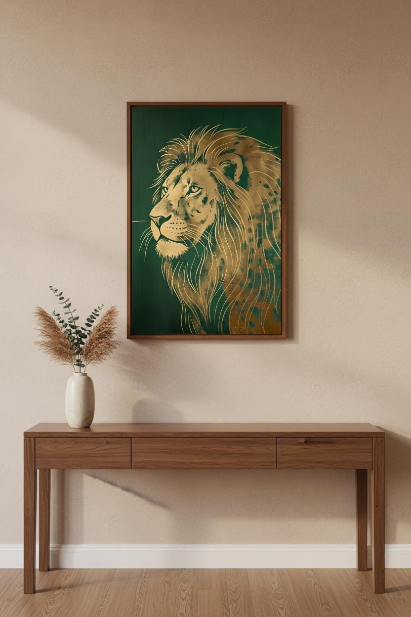 Art Deco Lion Print – Gold Foil Wall Art With Regal Green Decor & Metallic Accents