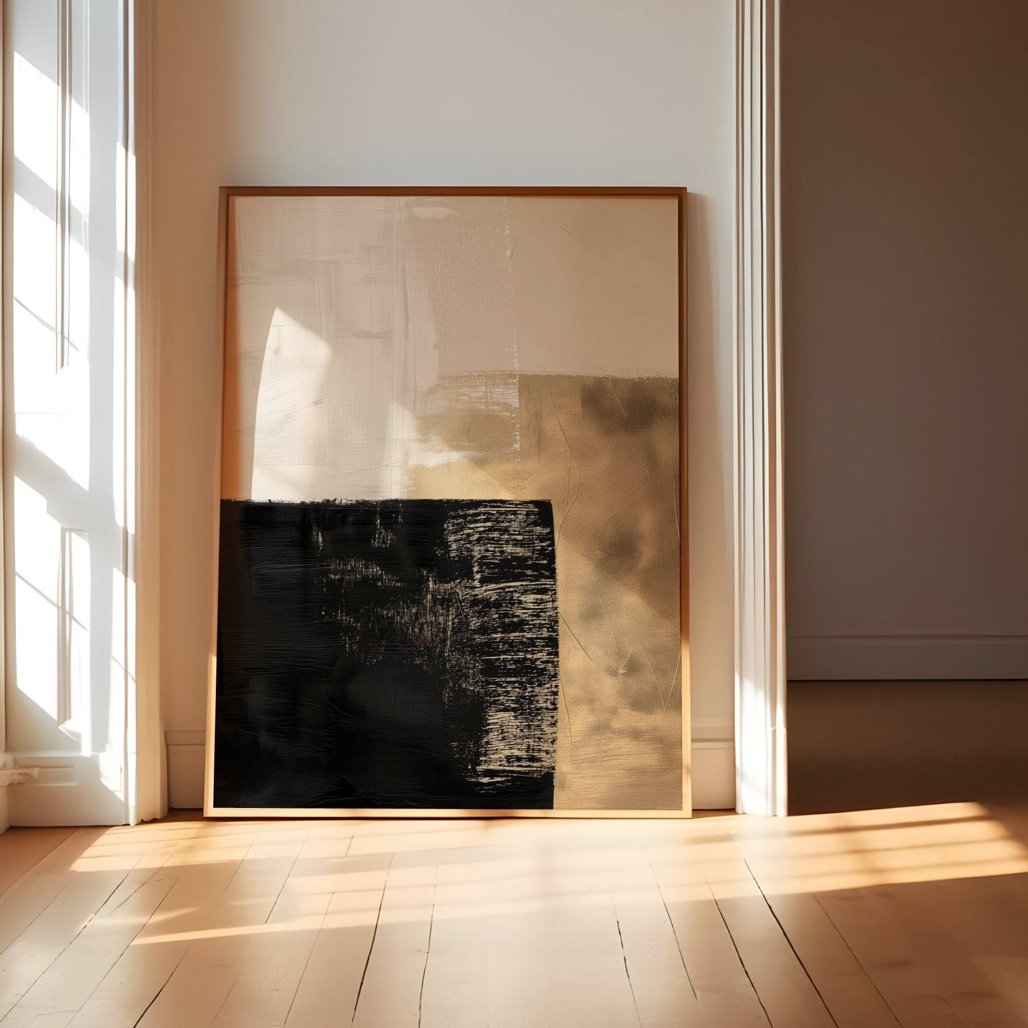 Abstract Canvas Art: Black, Gold, and Beige - Minimalist Decor
