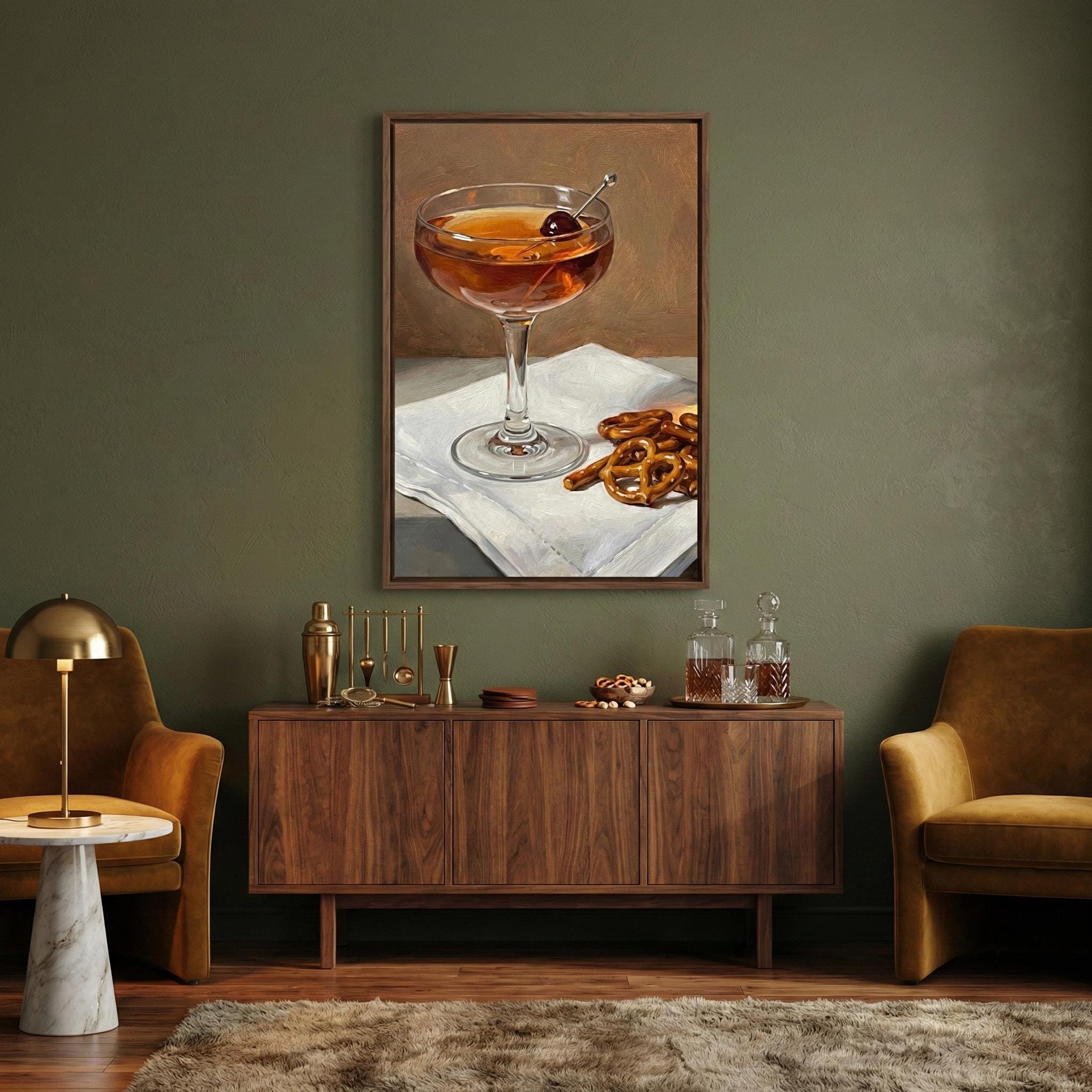 Mid Century Manhattan Cocktail Print - Moody Bar Cart Decor