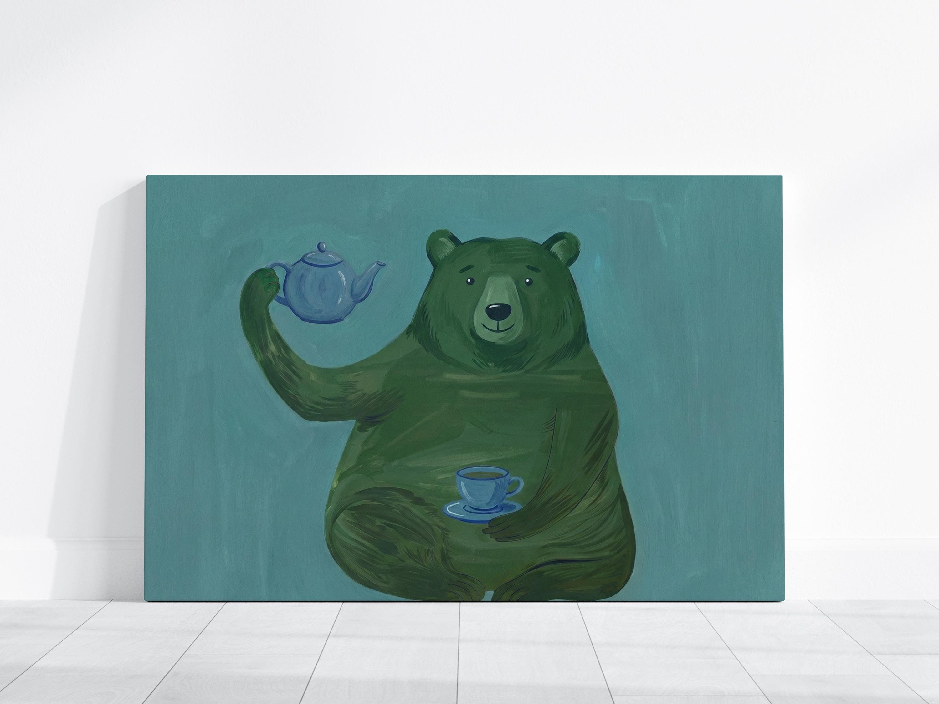 Whimsical Green Bear Wall Art - Playful Tea Party Illustration
