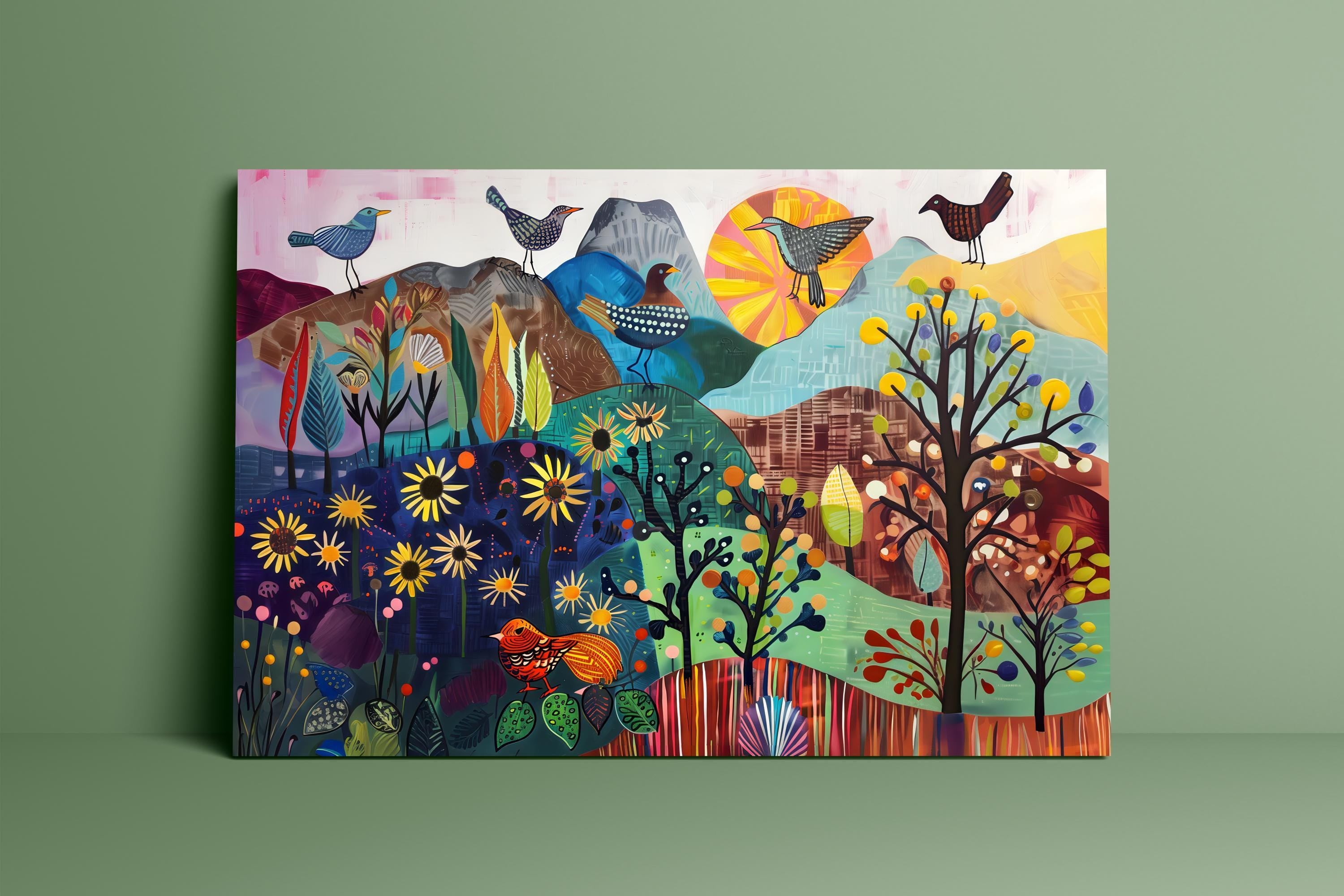 Little Green Valley Wall Art: Serene Birds and Mountain Landscape