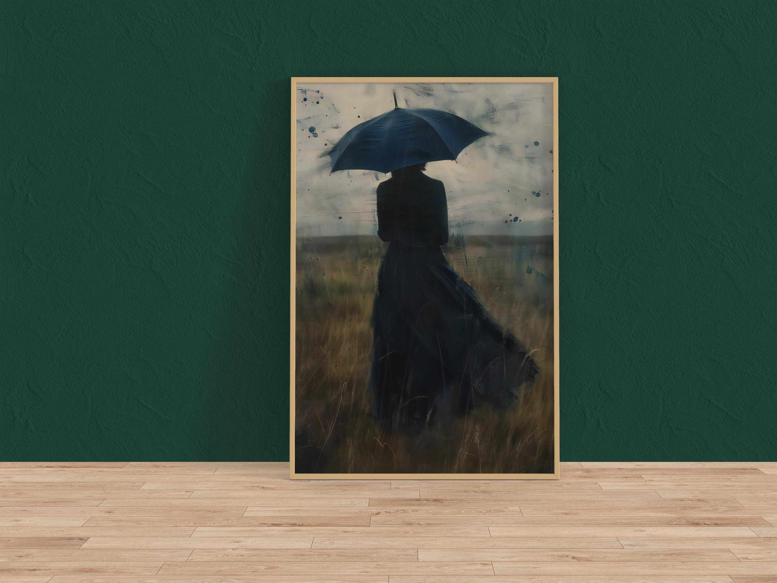 Melancholy Rain: Atmospheric Woman with Umbrella Canvas Art | Contemplative & Moody Wall Decor