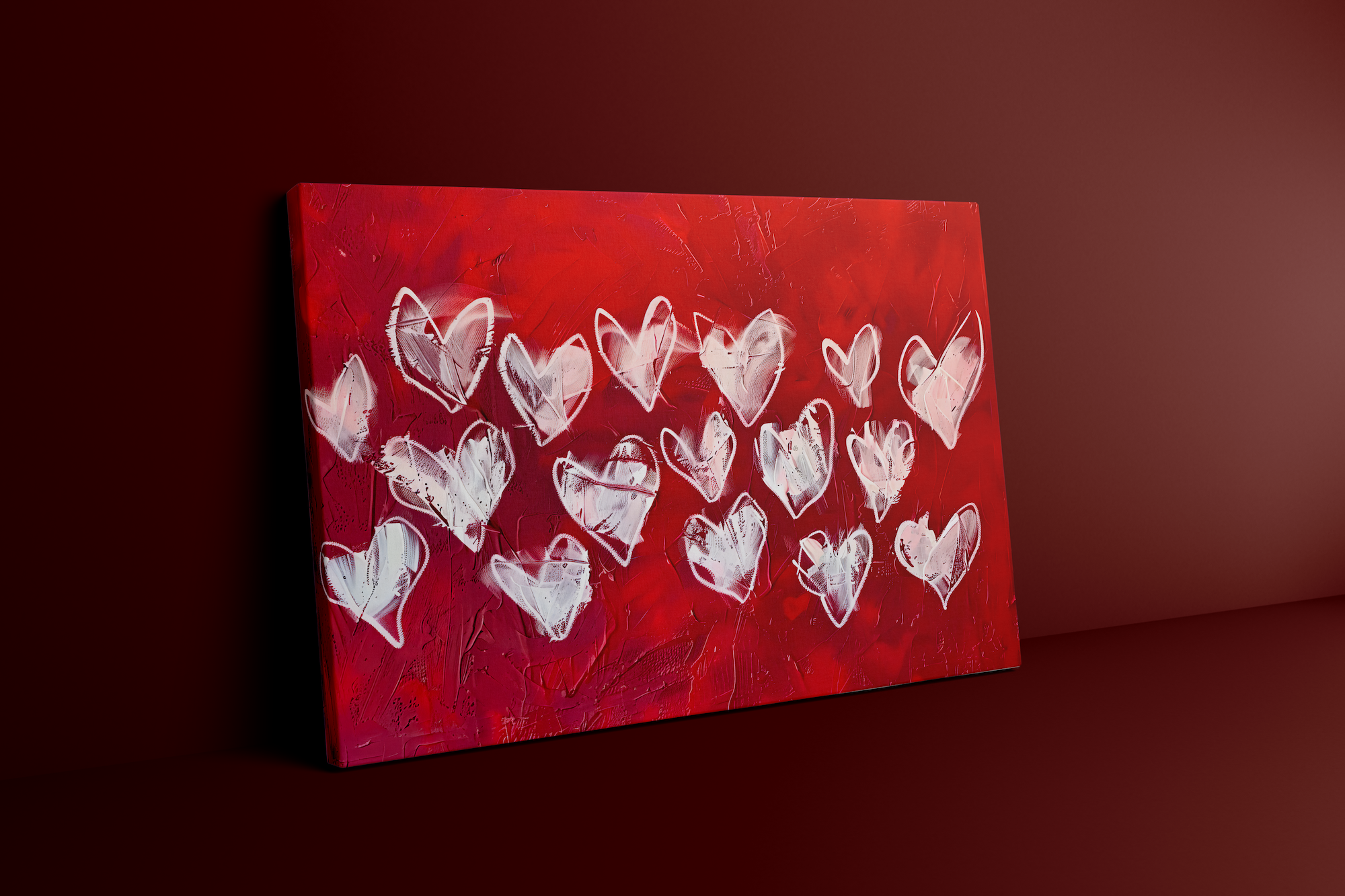 Hearts Ablaze: Expressive White Hearts on Red | Modern, Romantic & Passionate Wall Art