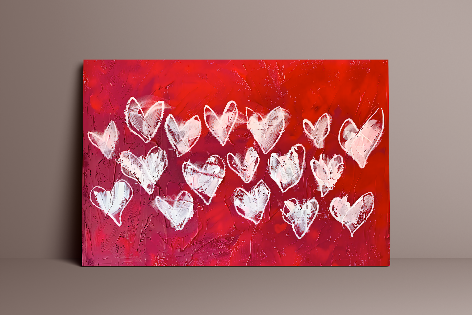 Hearts Ablaze: Expressive White Hearts on Red | Modern, Romantic & Passionate Wall Art