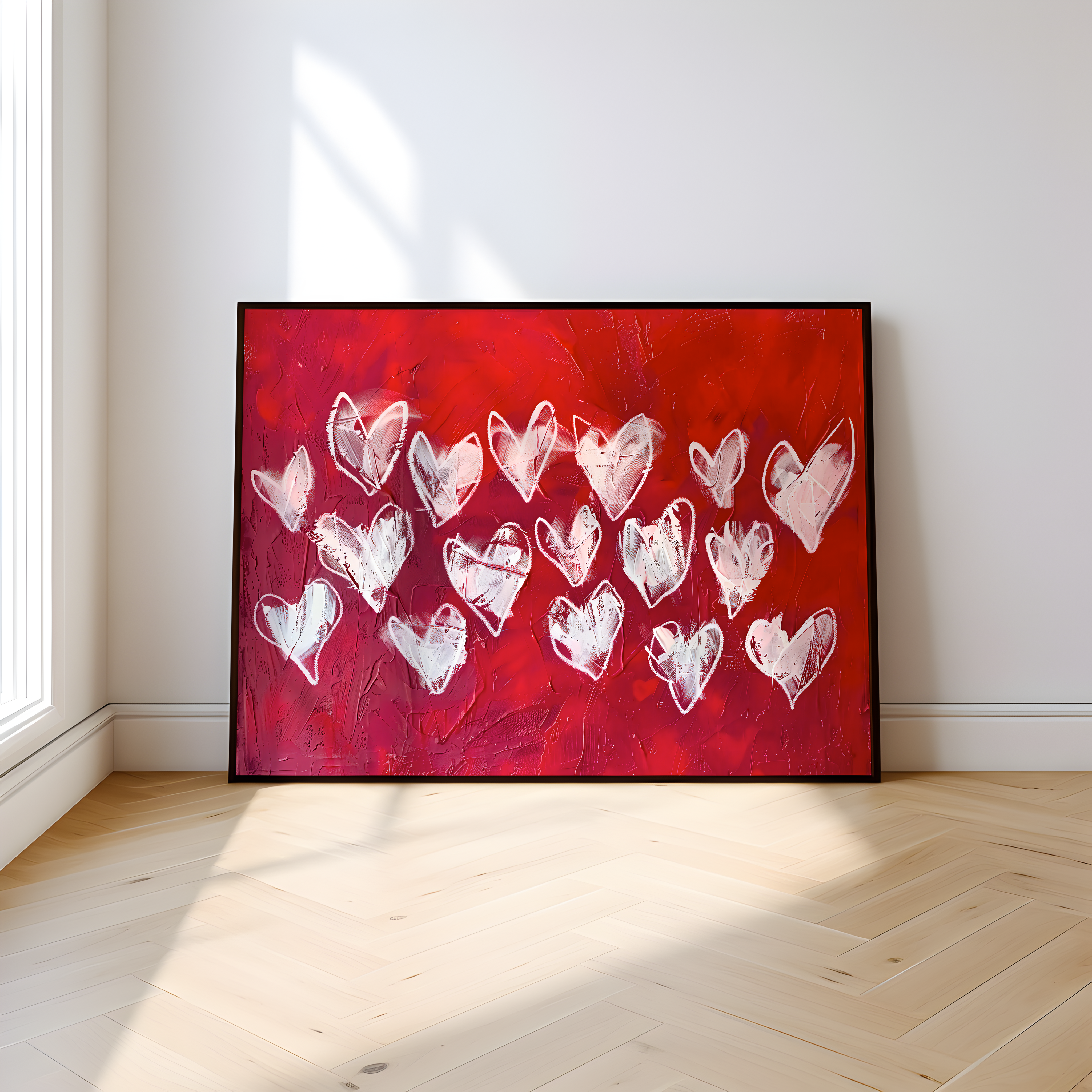 Hearts Ablaze: Expressive White Hearts on Red | Modern, Romantic & Passionate Wall Art