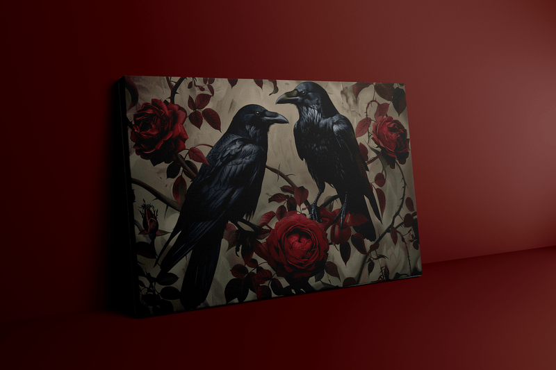 Dark Gothic Wall Art – Raven and Rose Painting | Moody Red Rose Art Decor