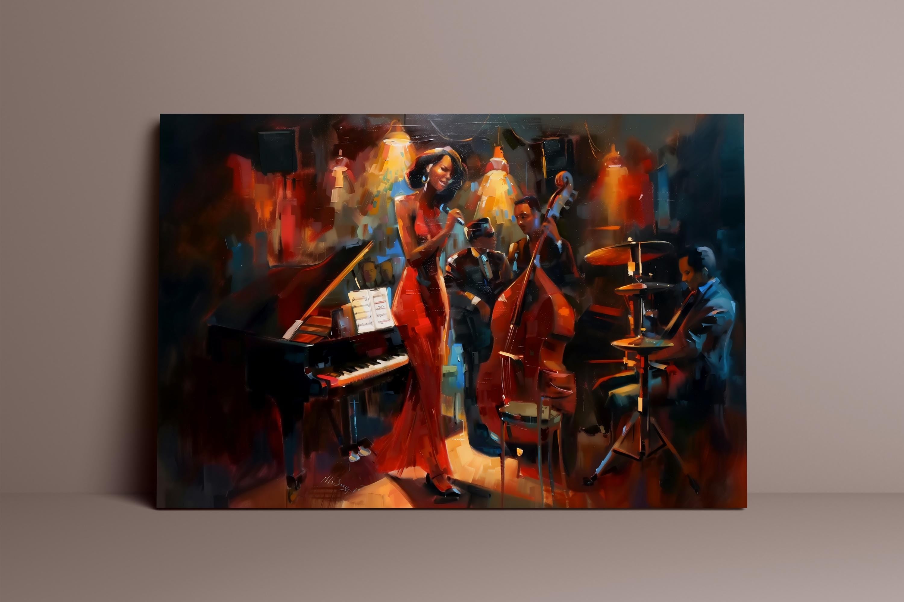 Jazz Club Serenade: Woman in Red Dress with Band Art | Soulful & Vibrant Music Decor