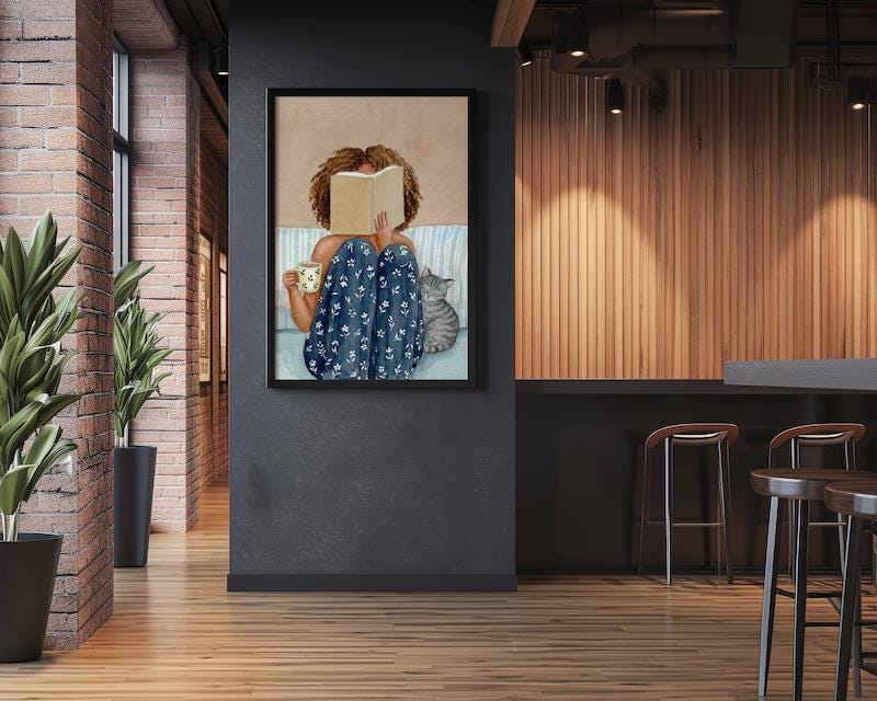Reading Wall Art: Black Woman with Cat, Cozy Watercolor (Print or Canvas)