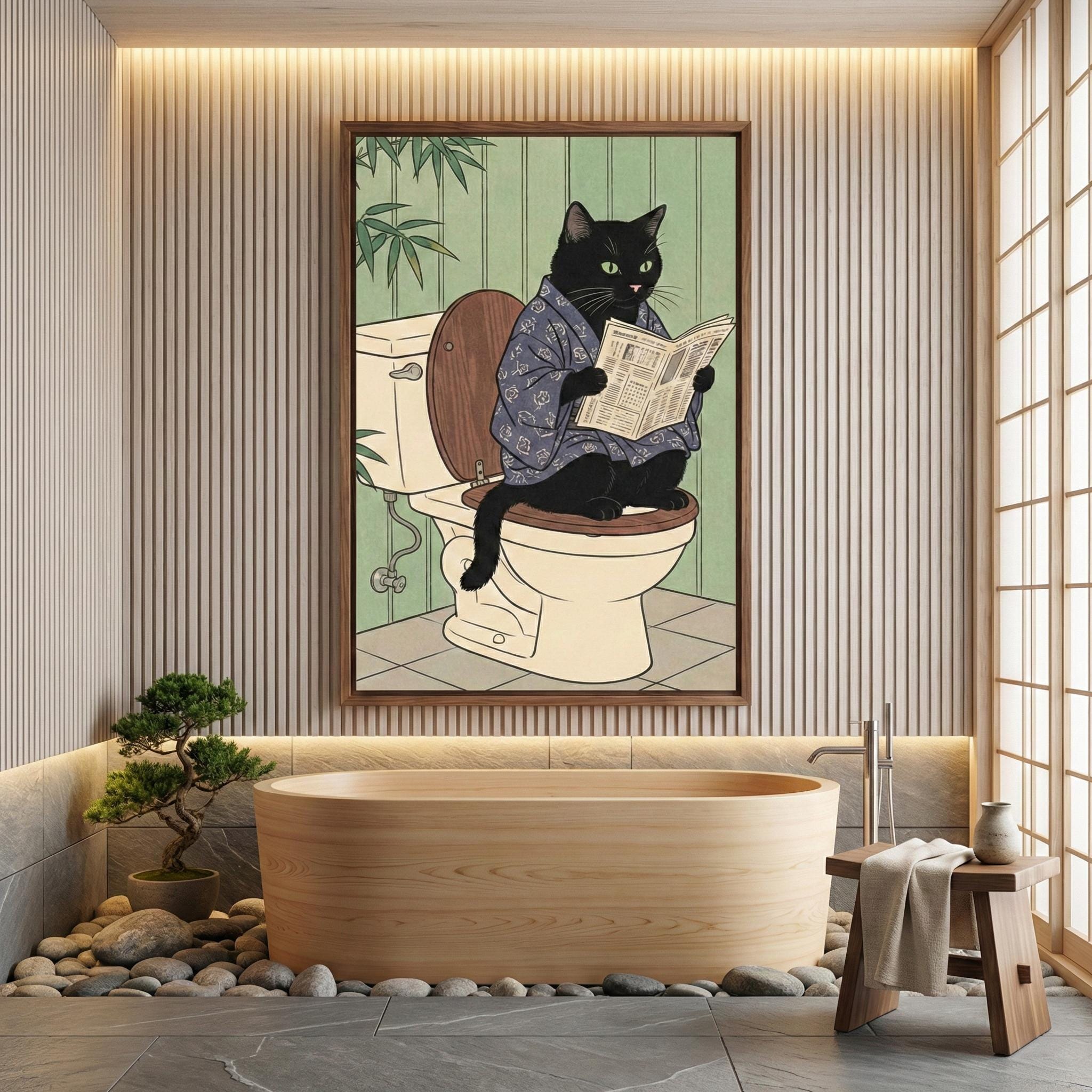Japanese Style Black Cat Print, Toilet Humor (Canvas or Paper)