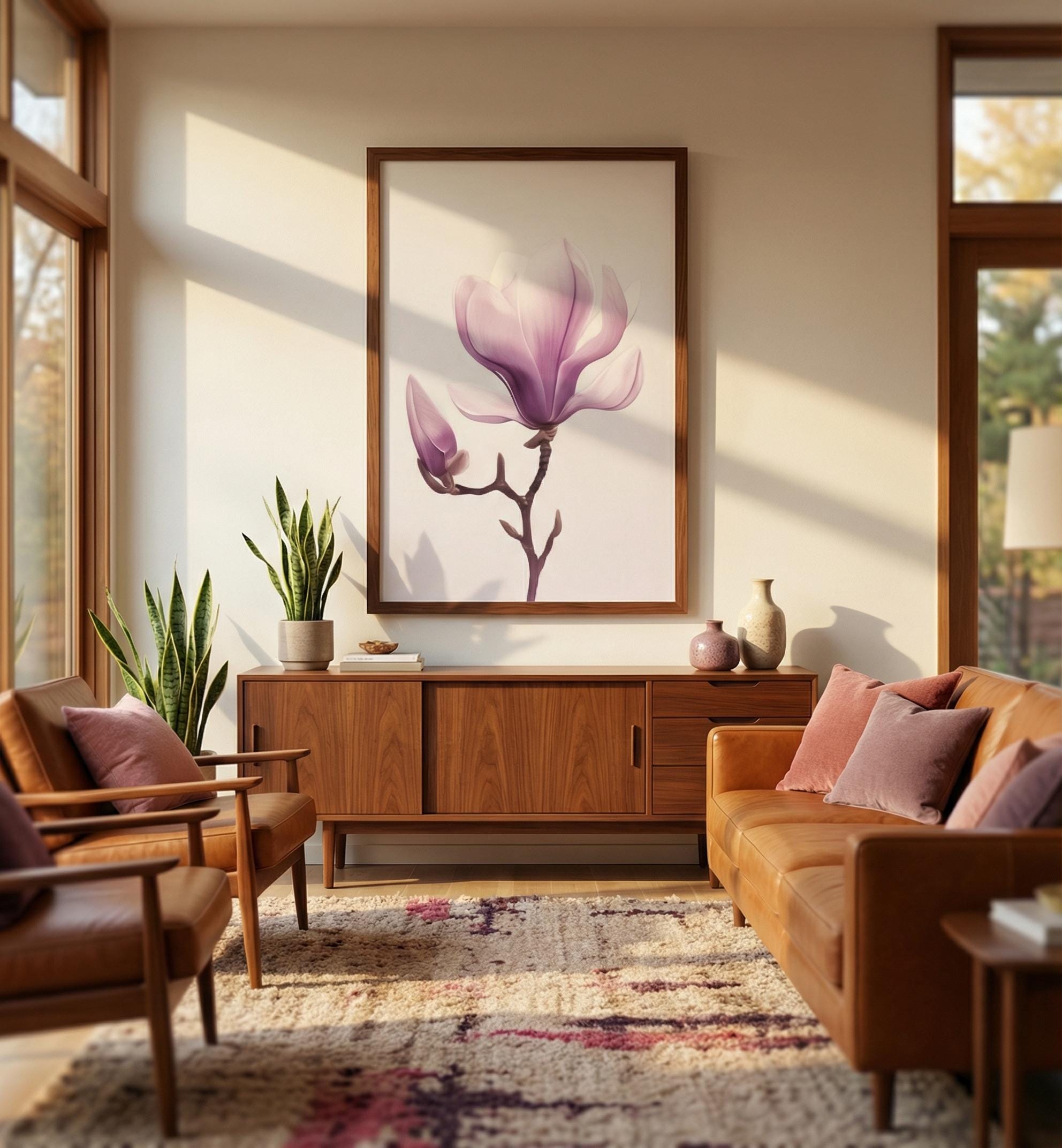 Purple Magnolia Wall Art - Modern Minimalist Flower Decor