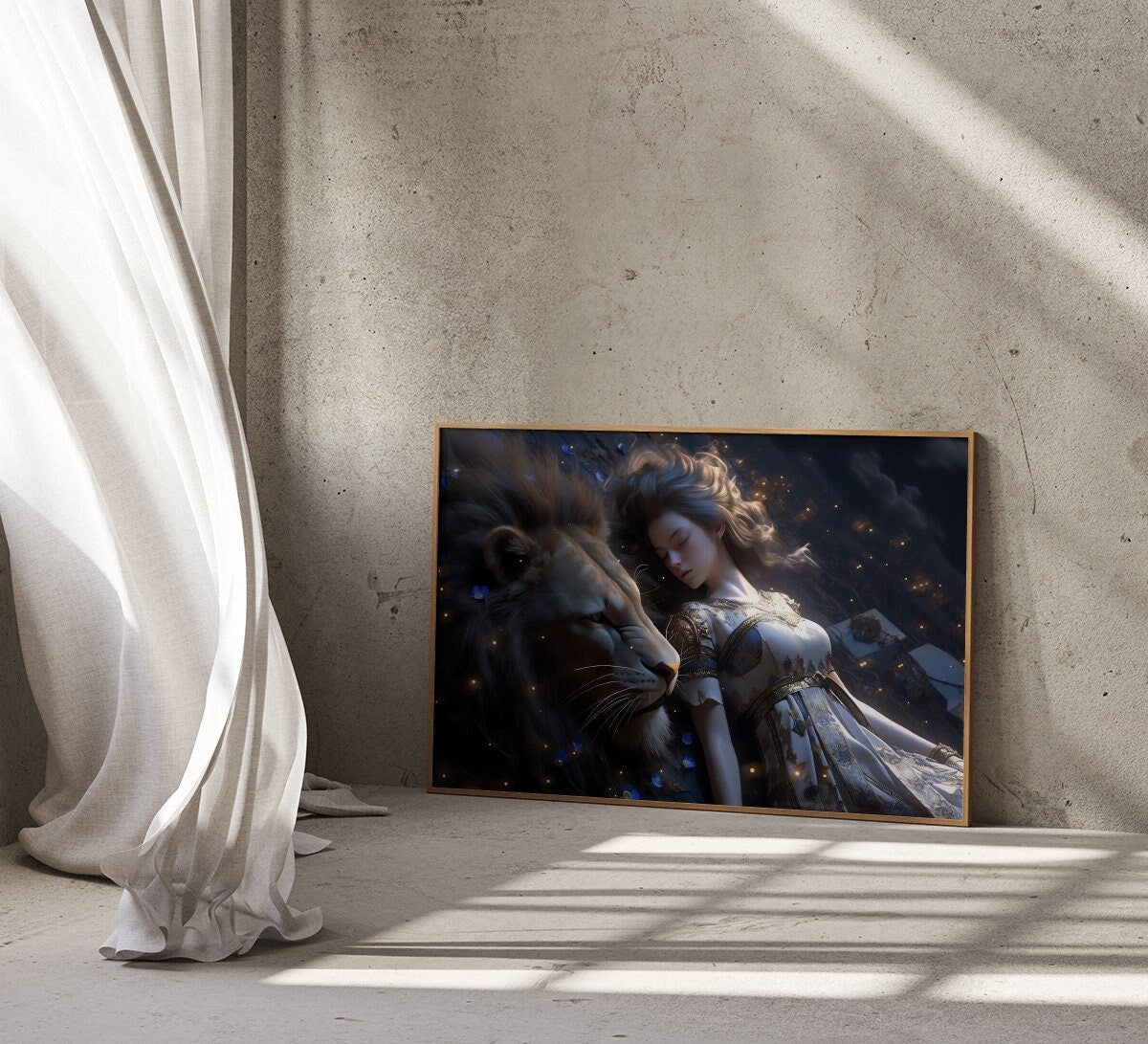 The Moonlit Guardian: Surreal Lion and Woman Art | Mystical & Serene Dreamscape Decor