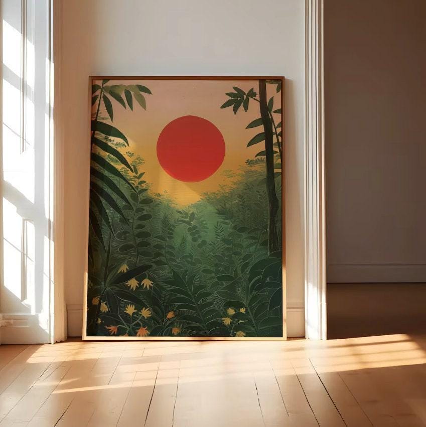 Tropical Forest Print: Red Sun Sunrise Landscape (Canvas or Framed)
