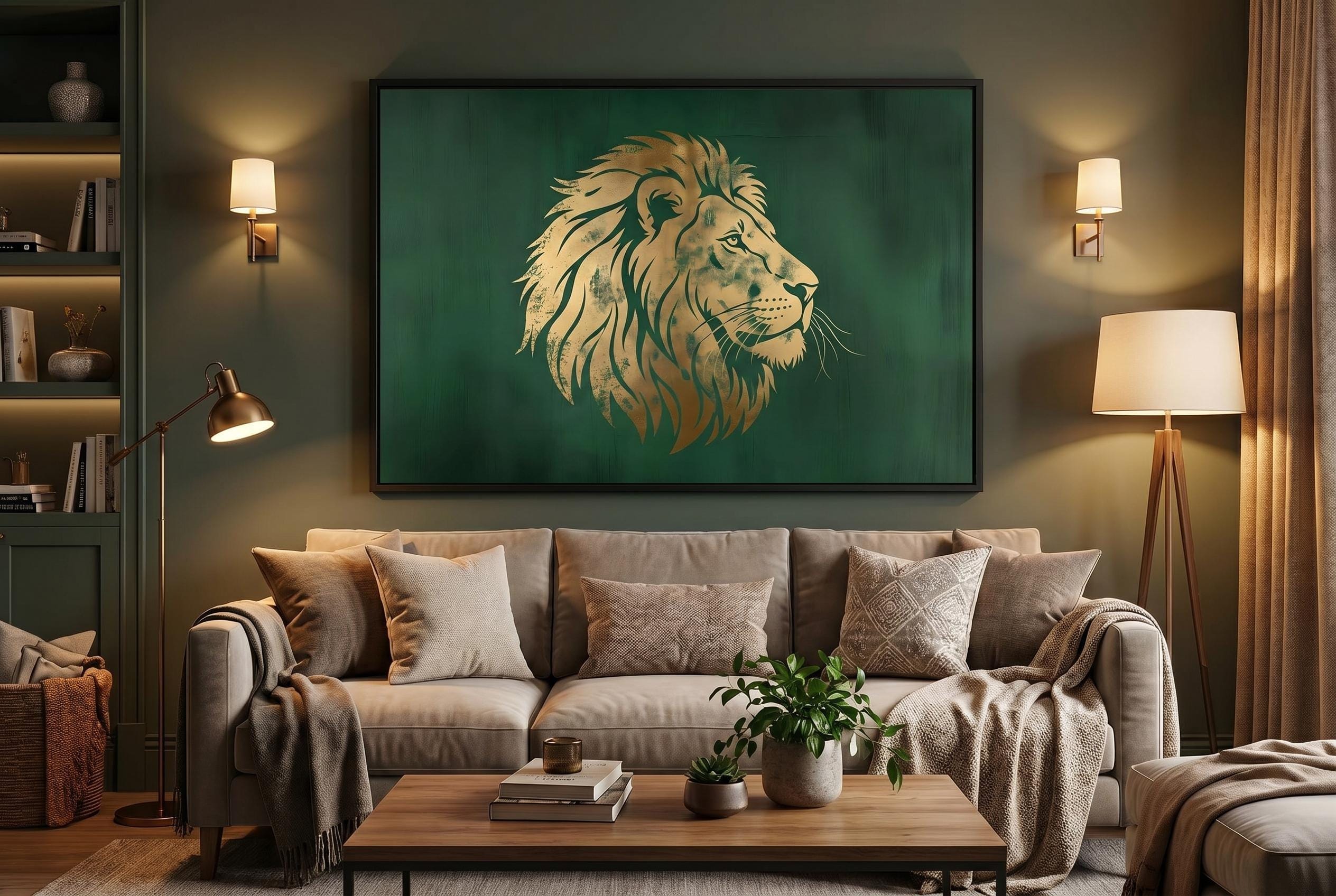 Art Deco Wall Art - Gold Foil Lion Profile Print with Regal Green Metallic Texture