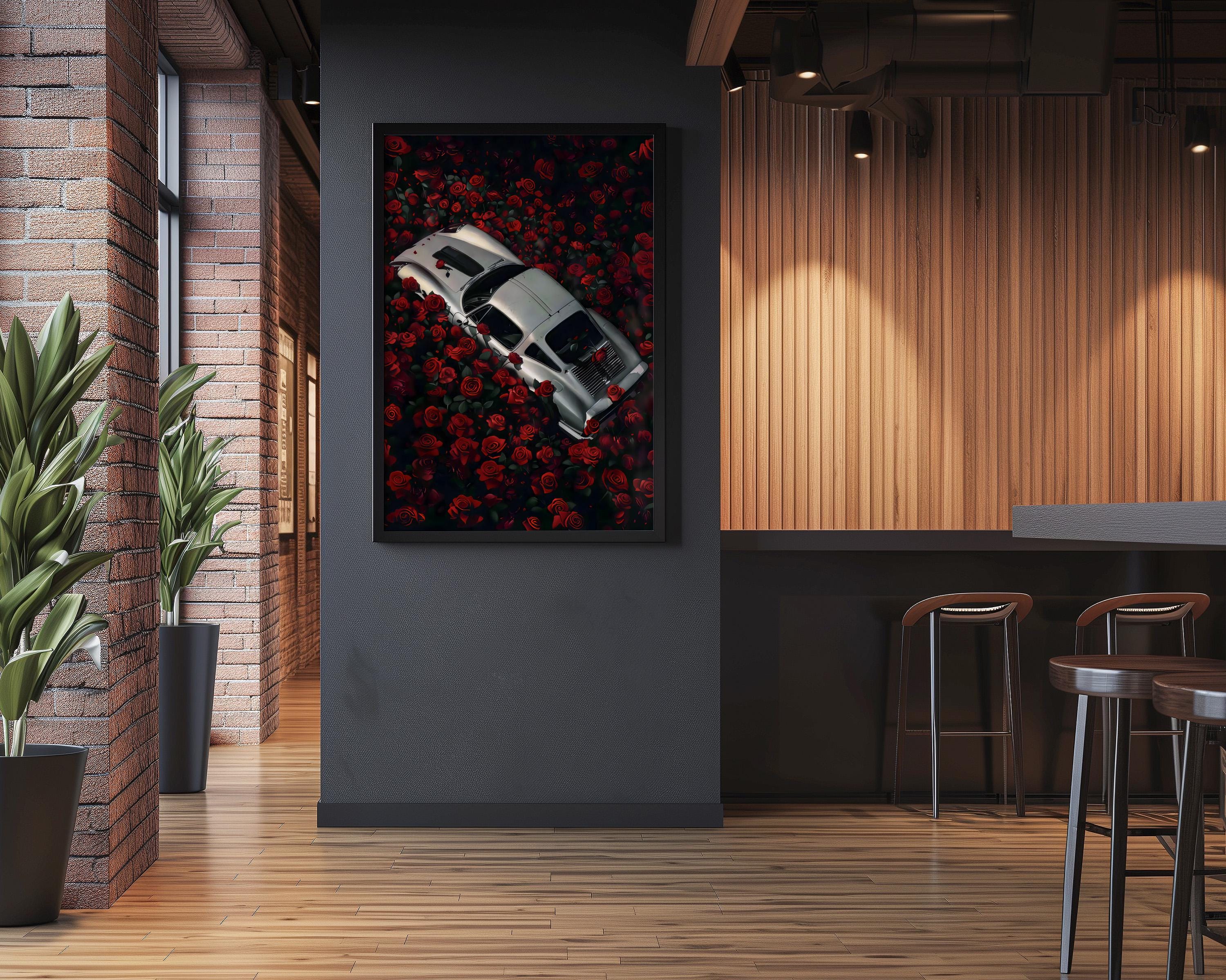 The Last Love Affair: Moody Vintage Car & Red Roses Art | Dark, Romantic & Cinematic Decor