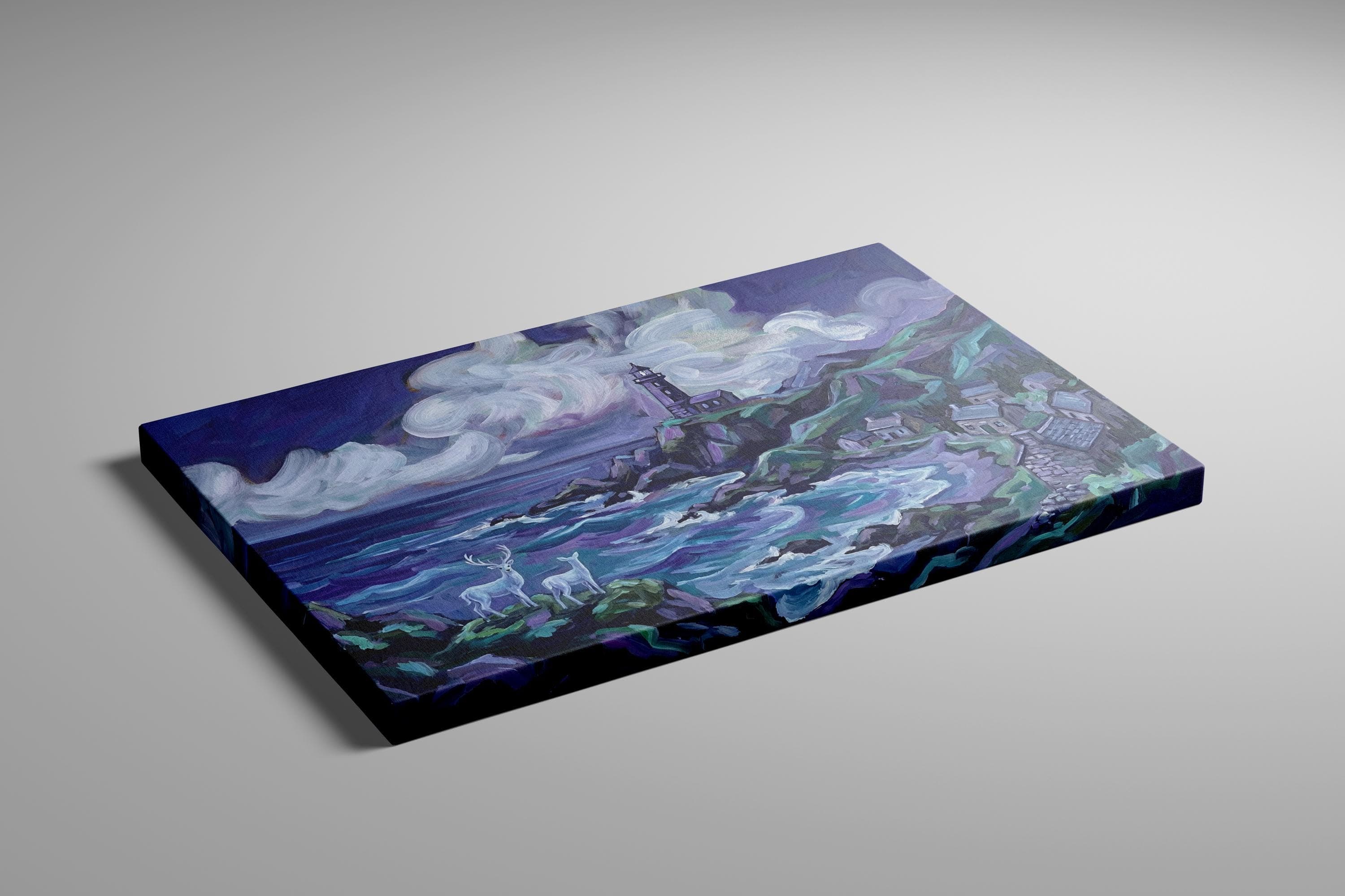 Fantasy Lighthouse Canvas, Purple Ocean, White Deer (Ready to Hang)