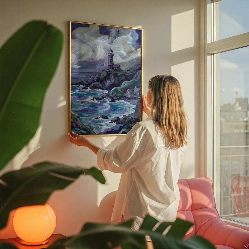 Fantasy Lighthouse Canvas, Purple Ocean, White Deer (Ready to Hang)