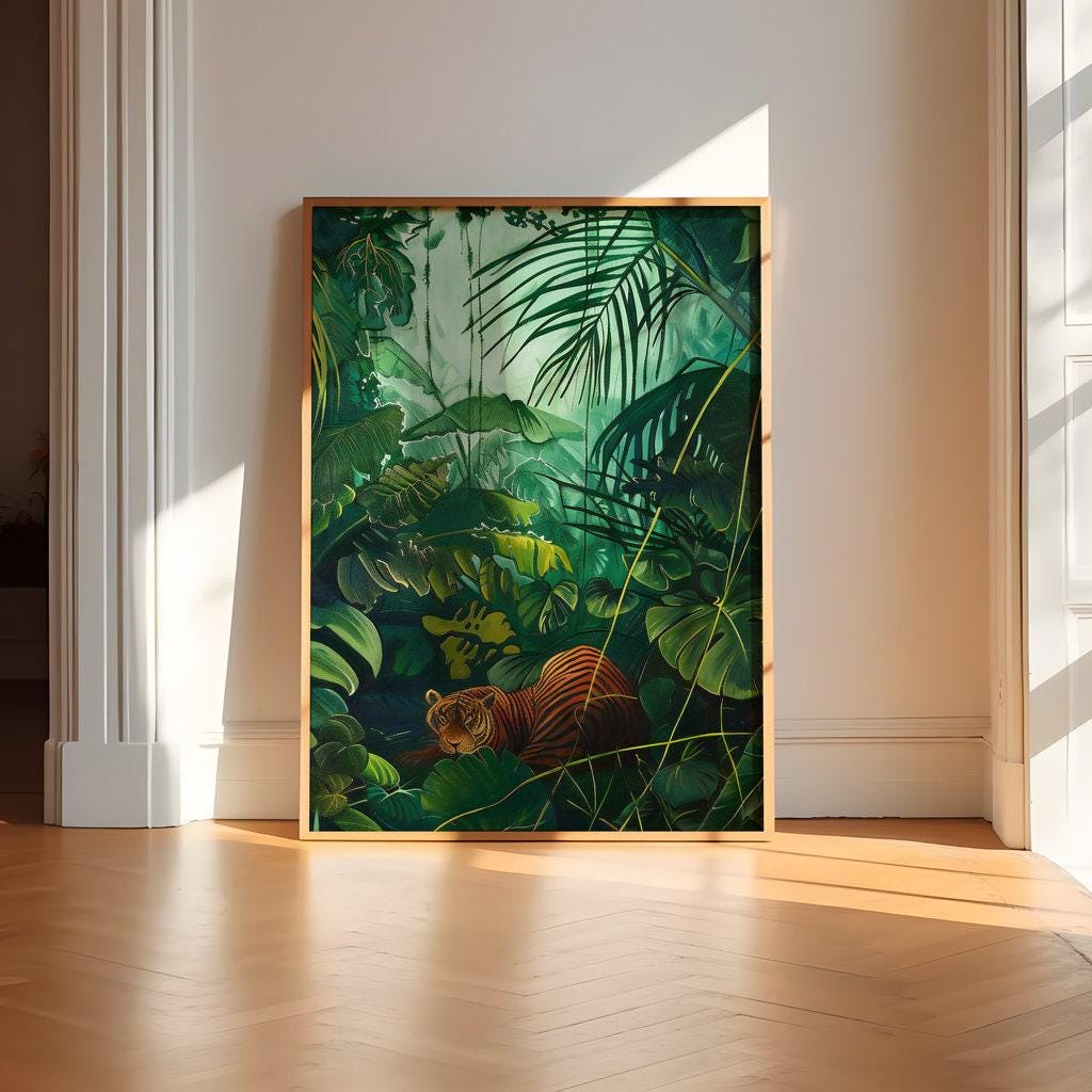 Jungle Serenity: Majestic Tiger Resting in Tropical Art | Green Wildlife Decor