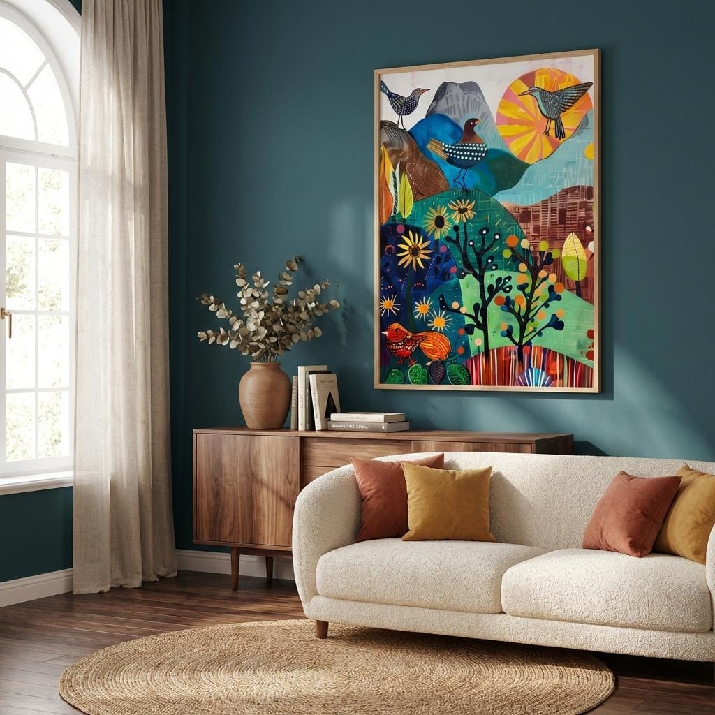 Little Green Valley Wall Art: Serene Birds and Mountain Landscape