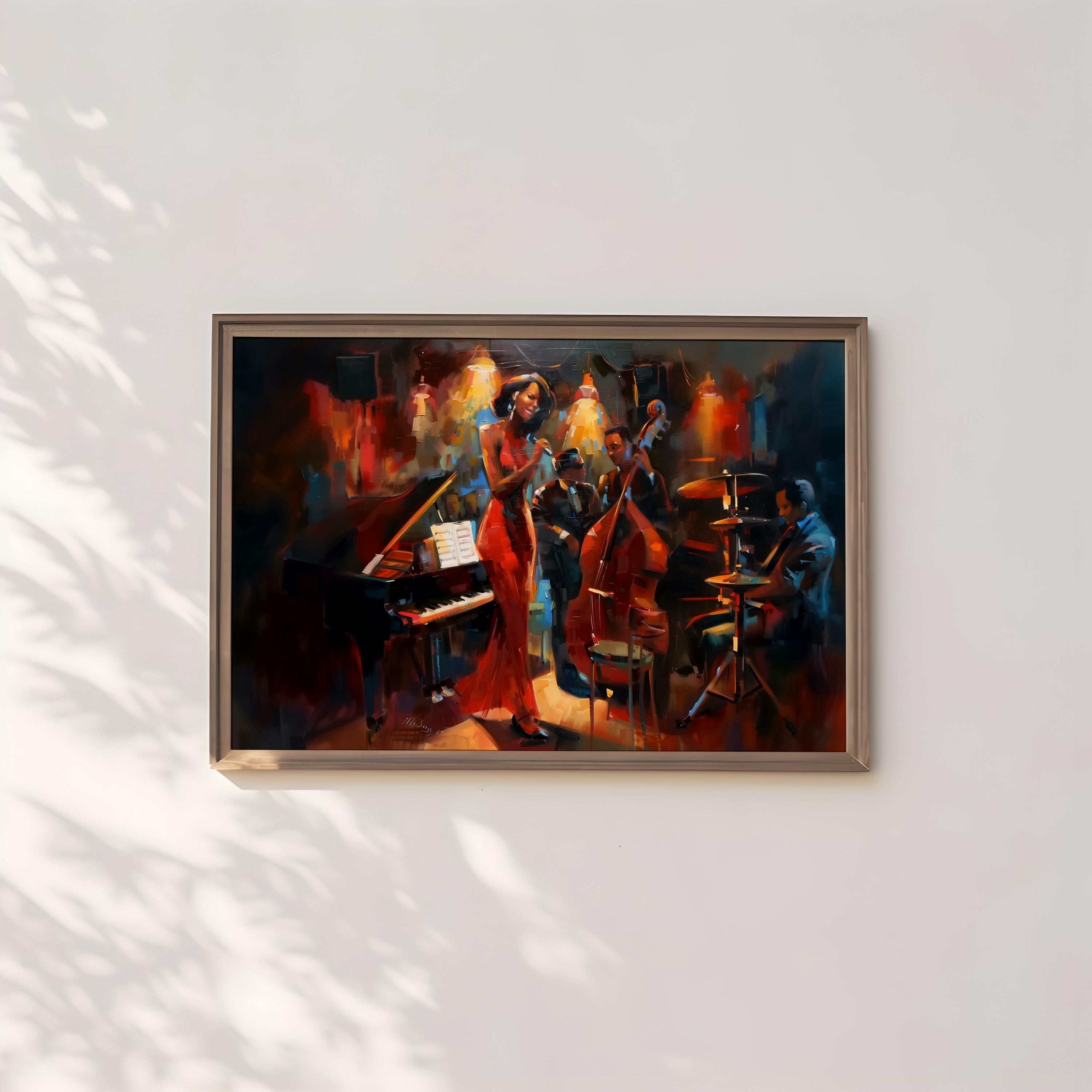 Jazz Club Serenade: Woman in Red Dress with Band Art | Soulful & Vibrant Music Decor