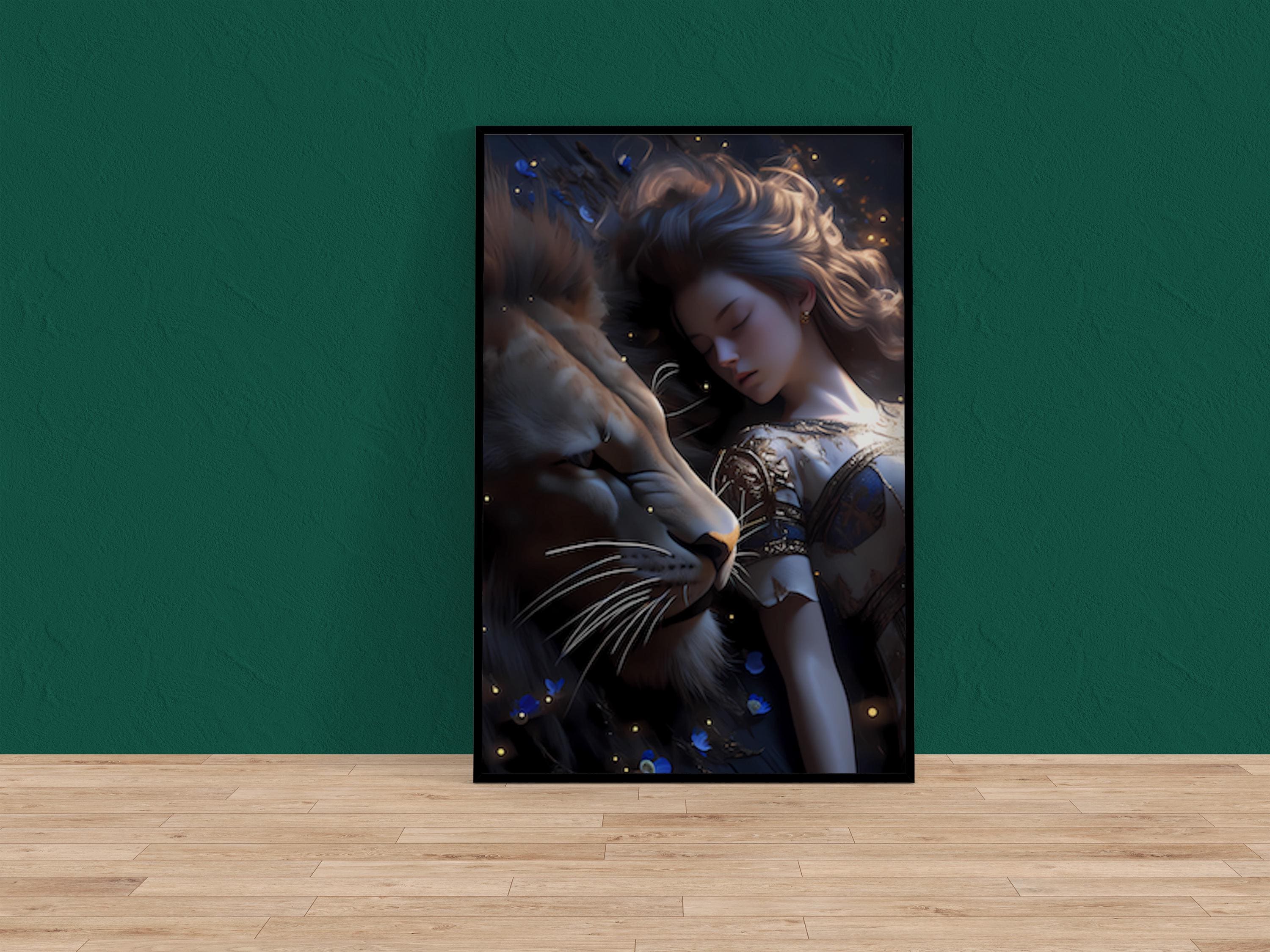 The Moonlit Guardian: Surreal Lion and Woman Art | Mystical & Serene Dreamscape Decor