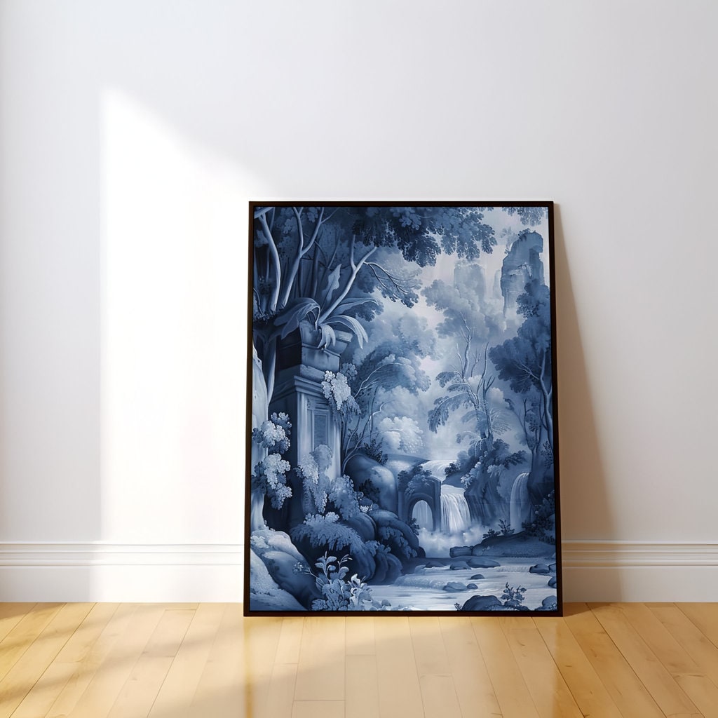 Ethereal Echoes: Blue Monochrome River & Ruins Landscape | Moody & Romantic Wall Art