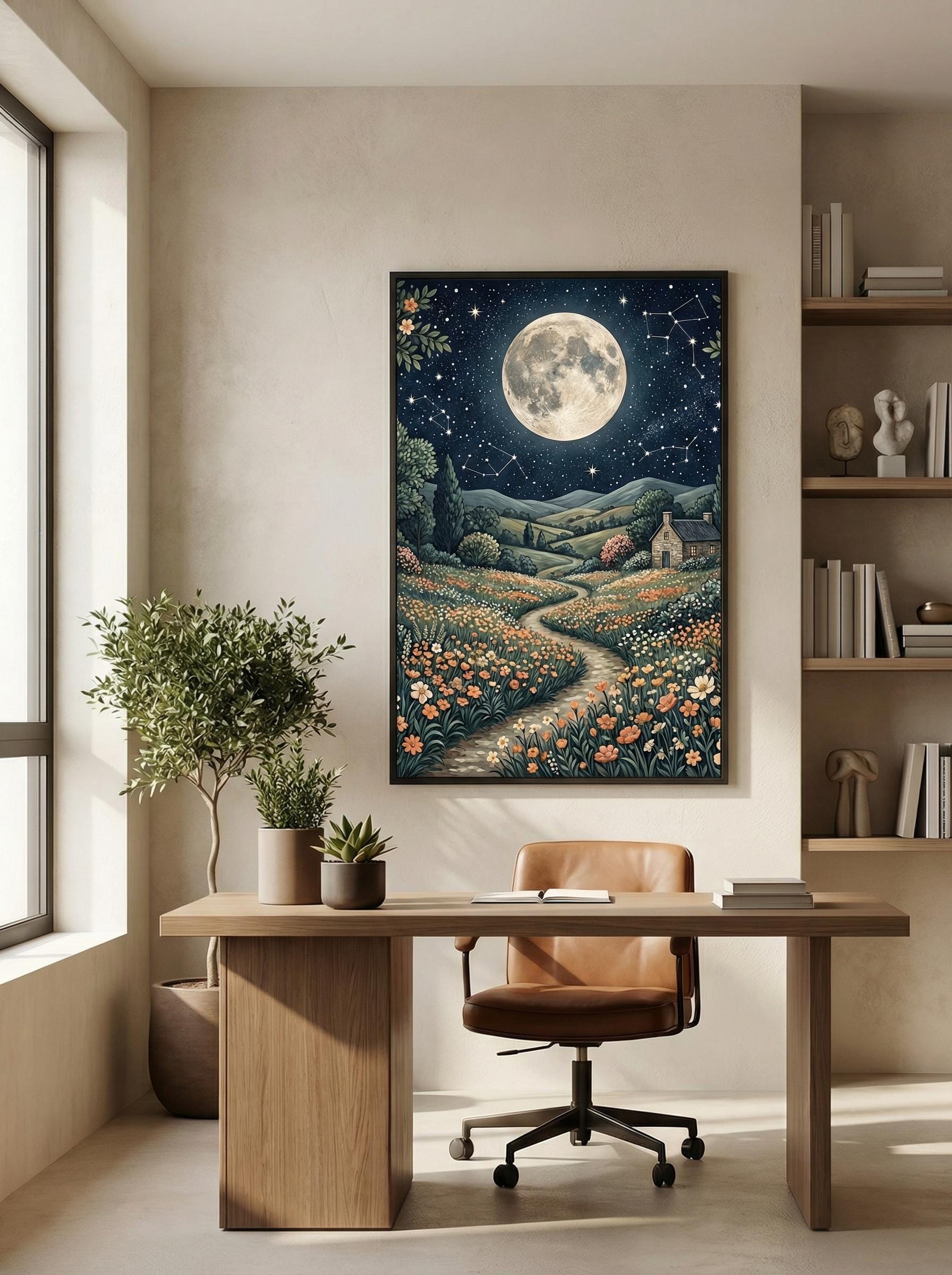 Moon and Flower Trail Art Print (Matte, Canvas, Framed Choices)