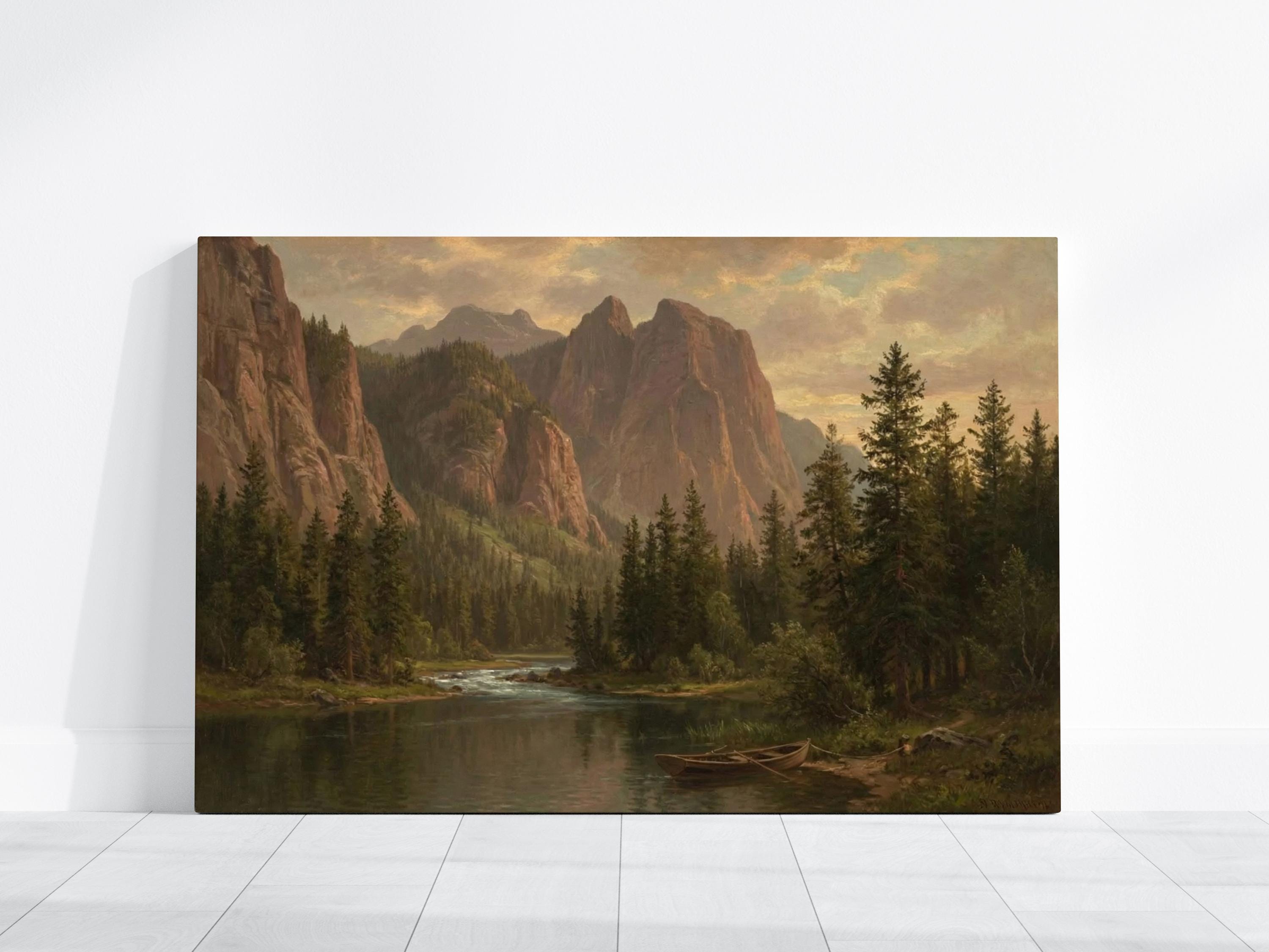 Vintage Mountain Lake Art: Rustic Cabin Landscape in Warm Earth Tones