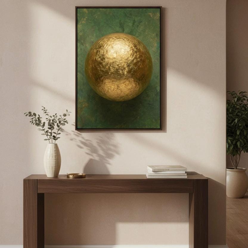 a wooden table with a vase of greenery and a stack of books on it, set against a wall with a framed painting of a golden sphere above it.