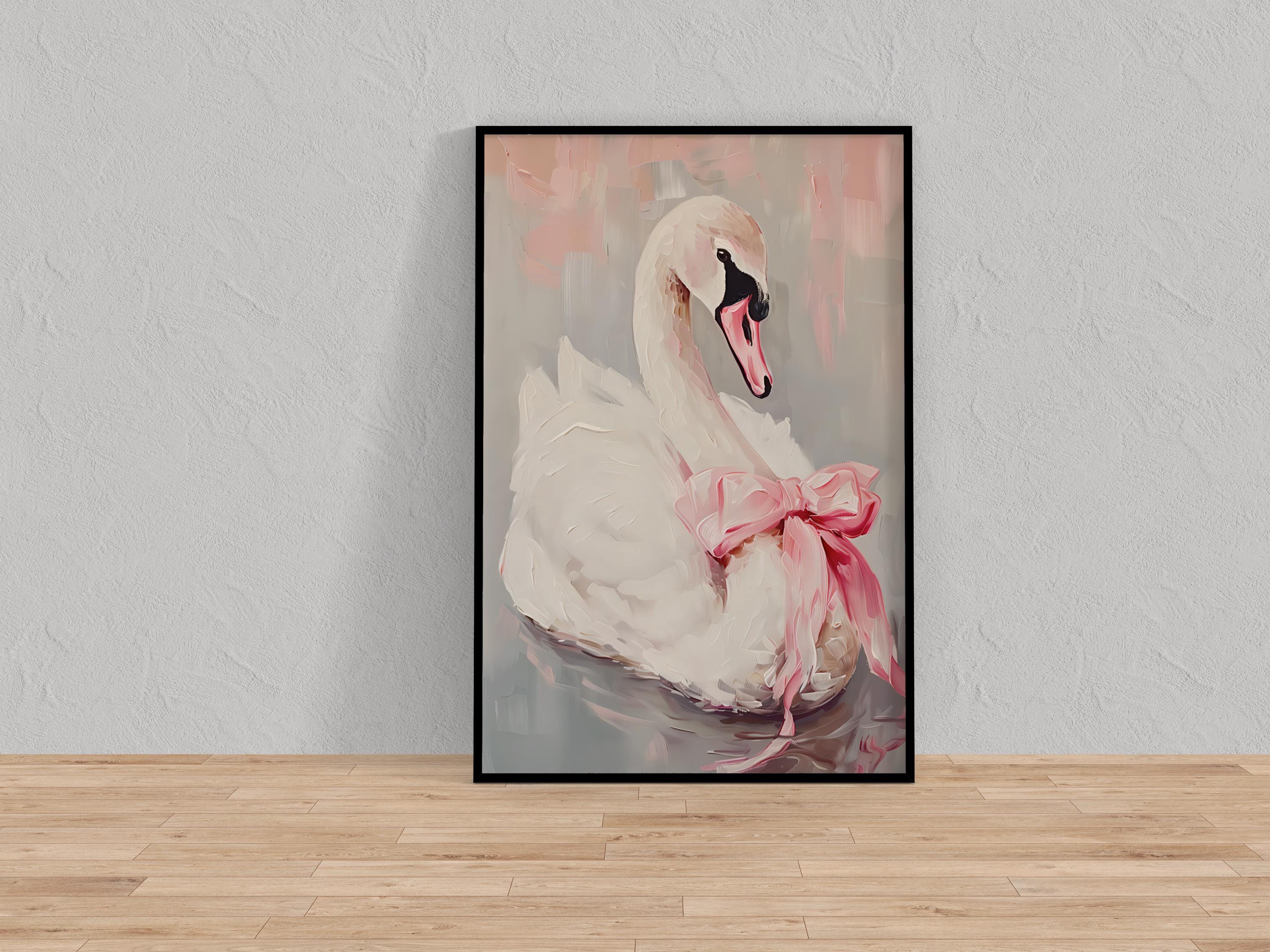 Ballerina Swan Art Print: Elegant Pink Bow, Soft Pastel Wall Decor