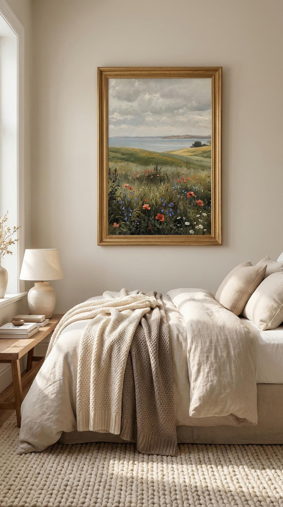 Vintage Wildflower Meadow Painting Coastal Landscape Print Cottagecore Wall Art French Country